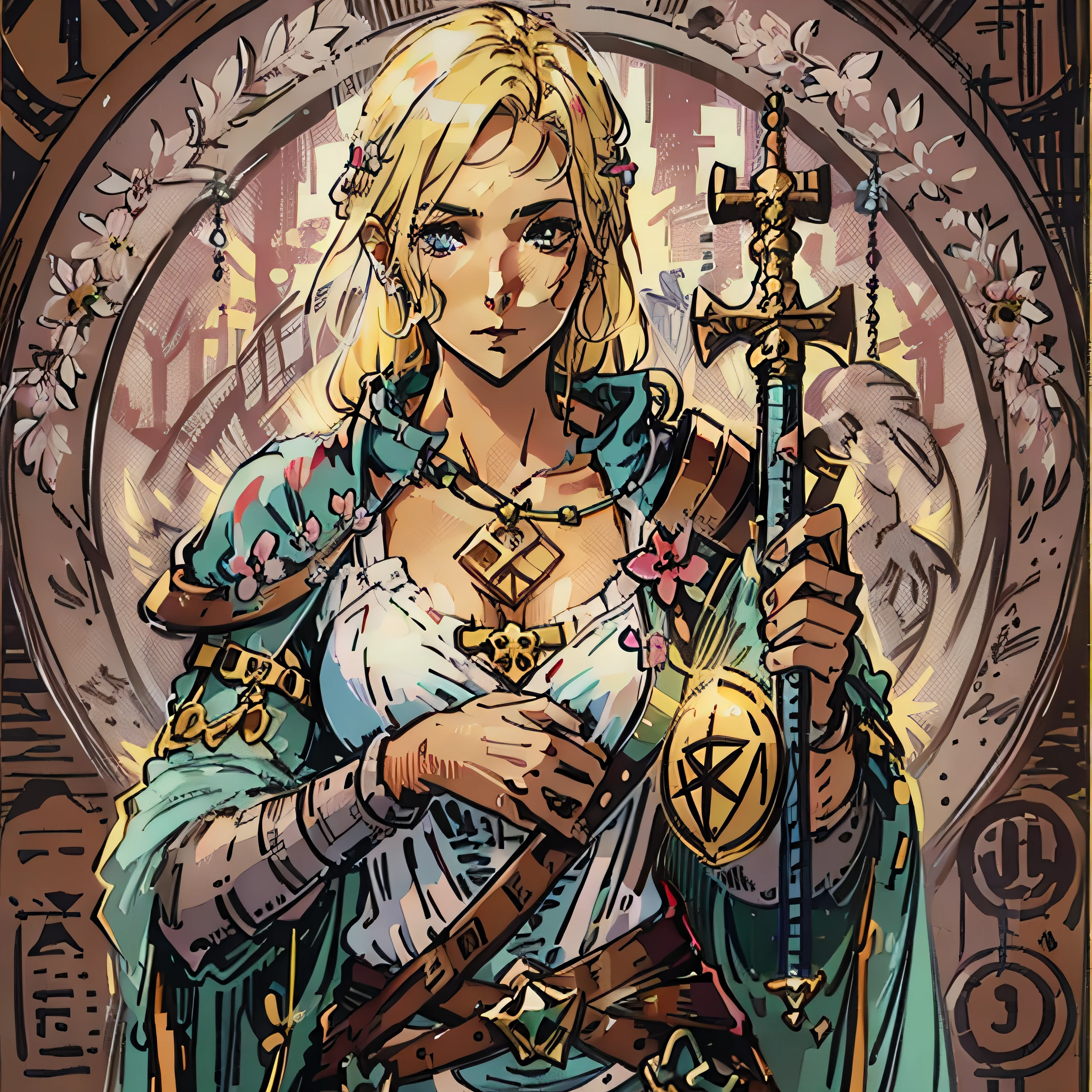 A beautiful blonde cleric, around 39 years old, with fair skin, holding a caduceus. She has small breasts and is portrayed as an RPG character in a medieval fantasy setting.