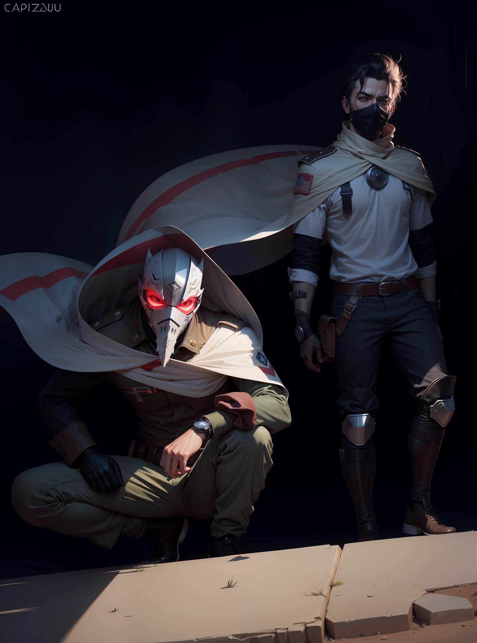Artstation style illustration, capuz, white mask, espectro, manto negro, militar,