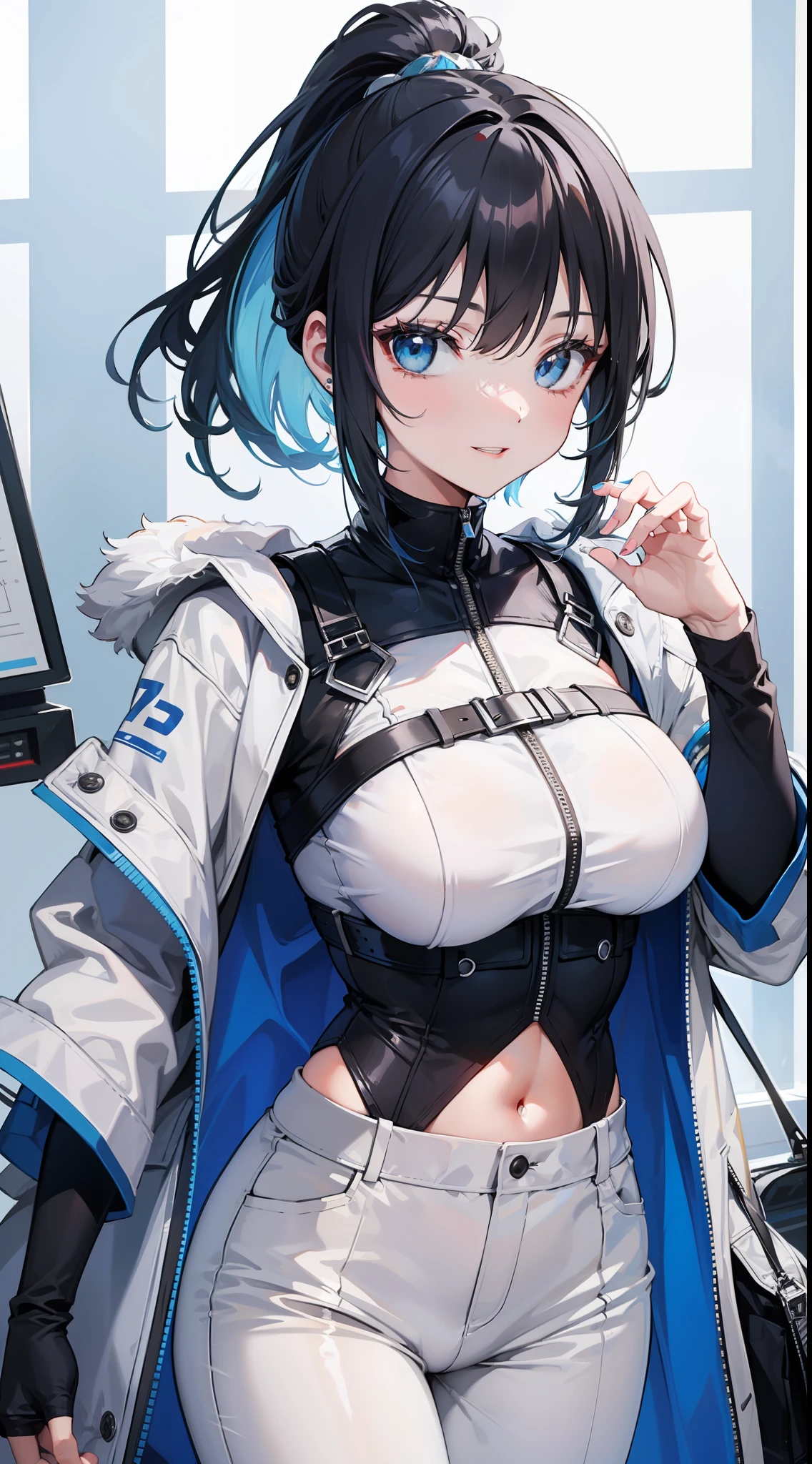 Adult woman, short white hair, high ponytail, blue eye color, White luxury jacket, pants, open breasts, blue lipstick, ssmile, Masterpiece, hiquality