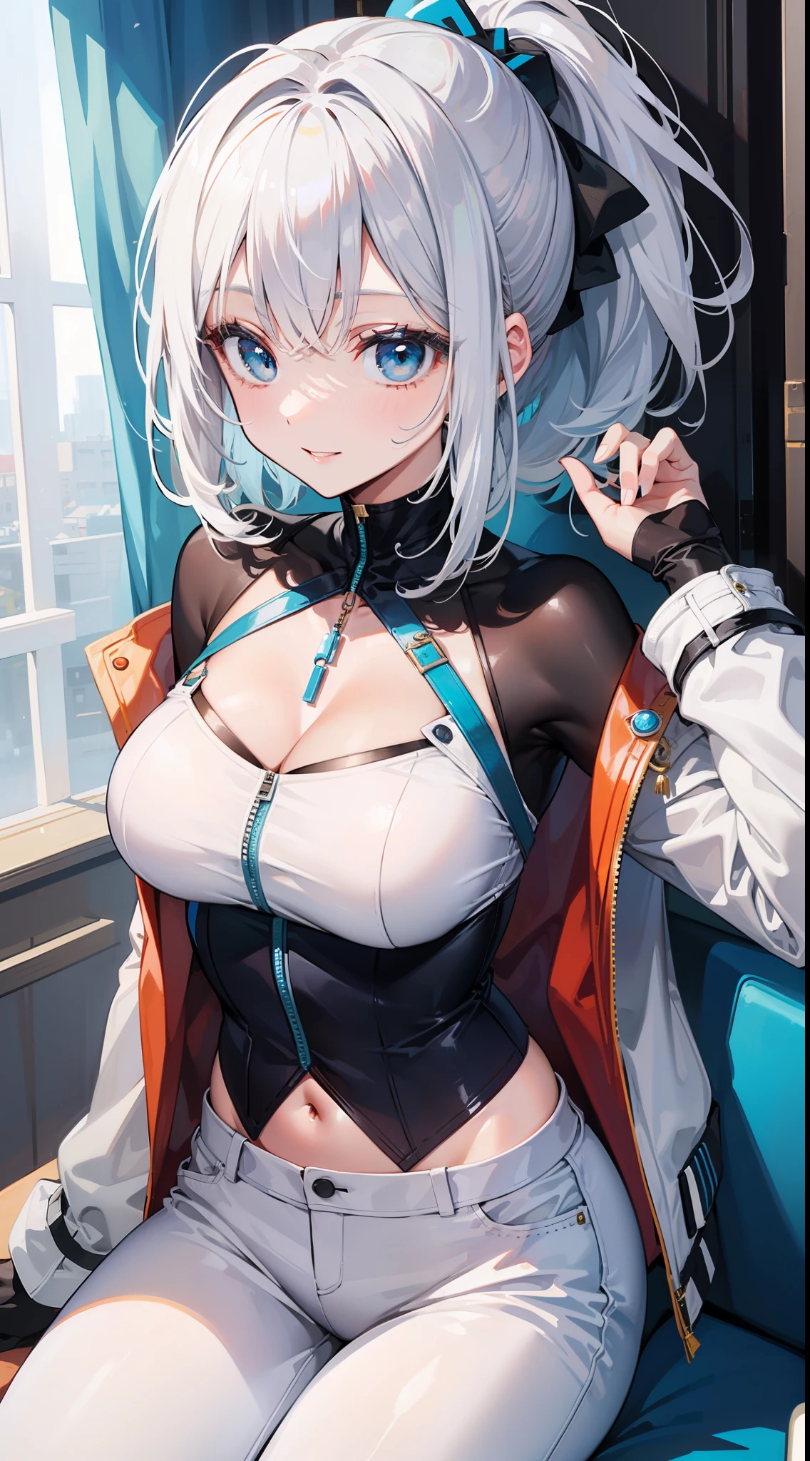 Adult woman, short white hair, high ponytail, blue eye color, White luxury jacket, pants, open breasts, blue lipstick, ssmile, Masterpiece, hiquality