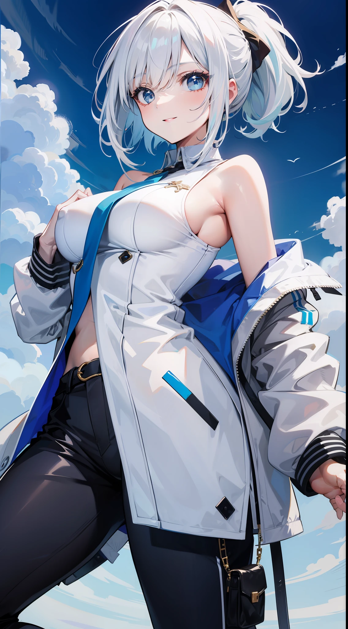 Adult woman, short white hair, high ponytail, blue eye color, White luxury jacket, pants, open breasts, blue lipstick, ssmile, Masterpiece, hiquality