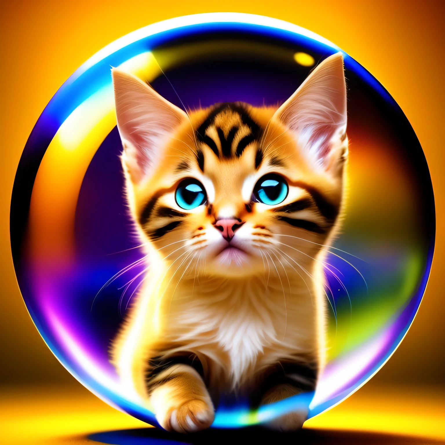 A cute kitten with big eyes in the bubble space,Catstravaganza,yellow backdrop
