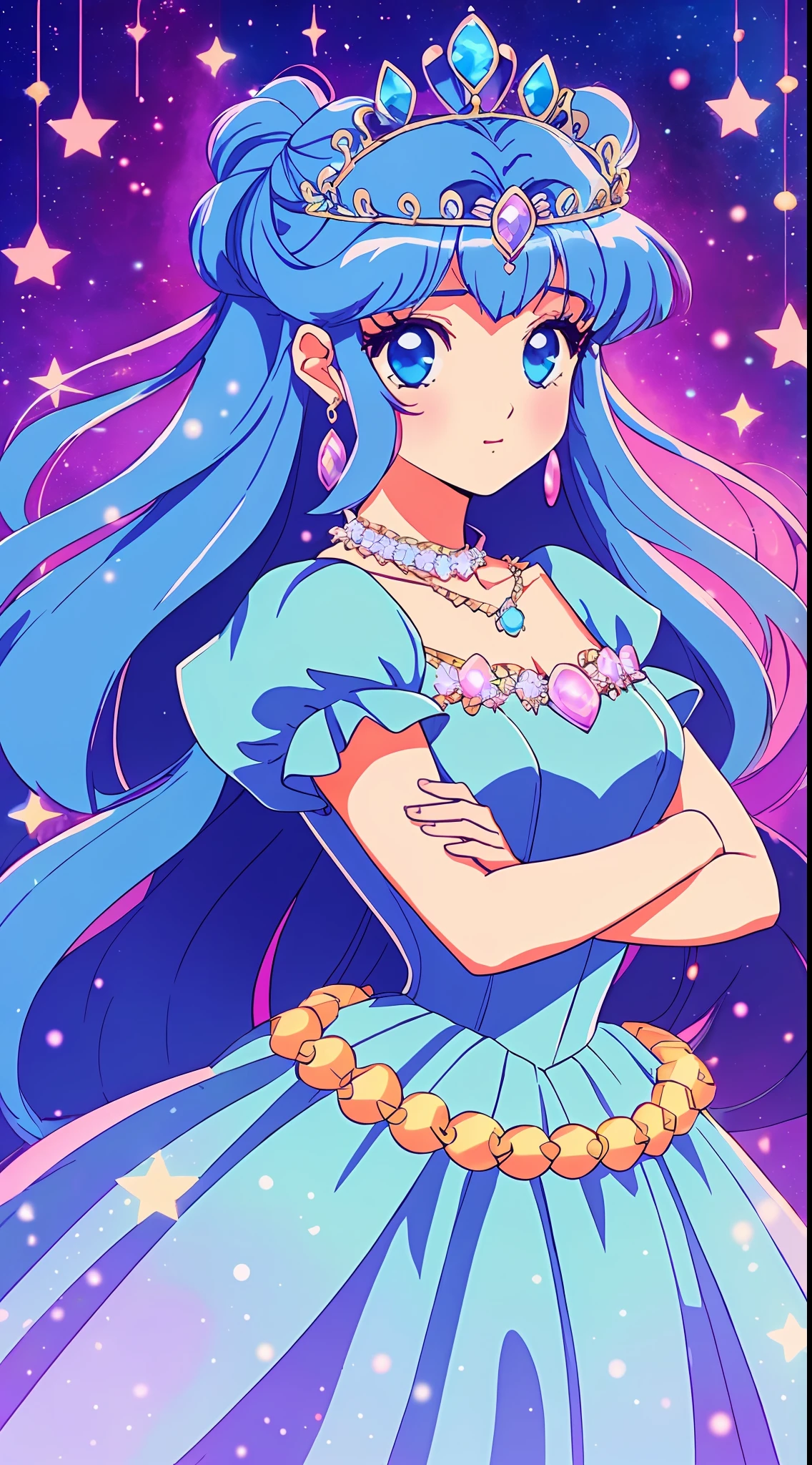 1 Princess,Character standing drawing,Thick blue hair,(Beautiful dress、Hairstyles、tiara crown、jewelry),pretty eyes,Blush,pastelcolor,Retro anime,1990s anime,tmasterpiece,Best quality