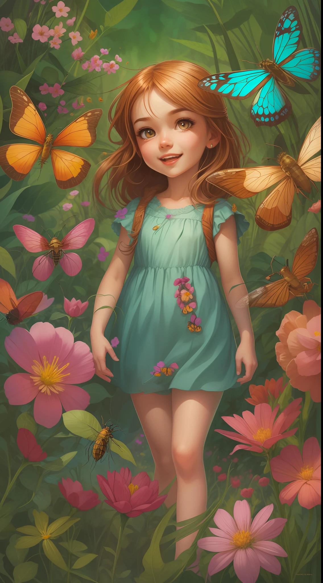 "1 cute girl with a playful expression, surrounded by vibrant flowers and friendly insects, illustrated in the style of Mark Brooks."