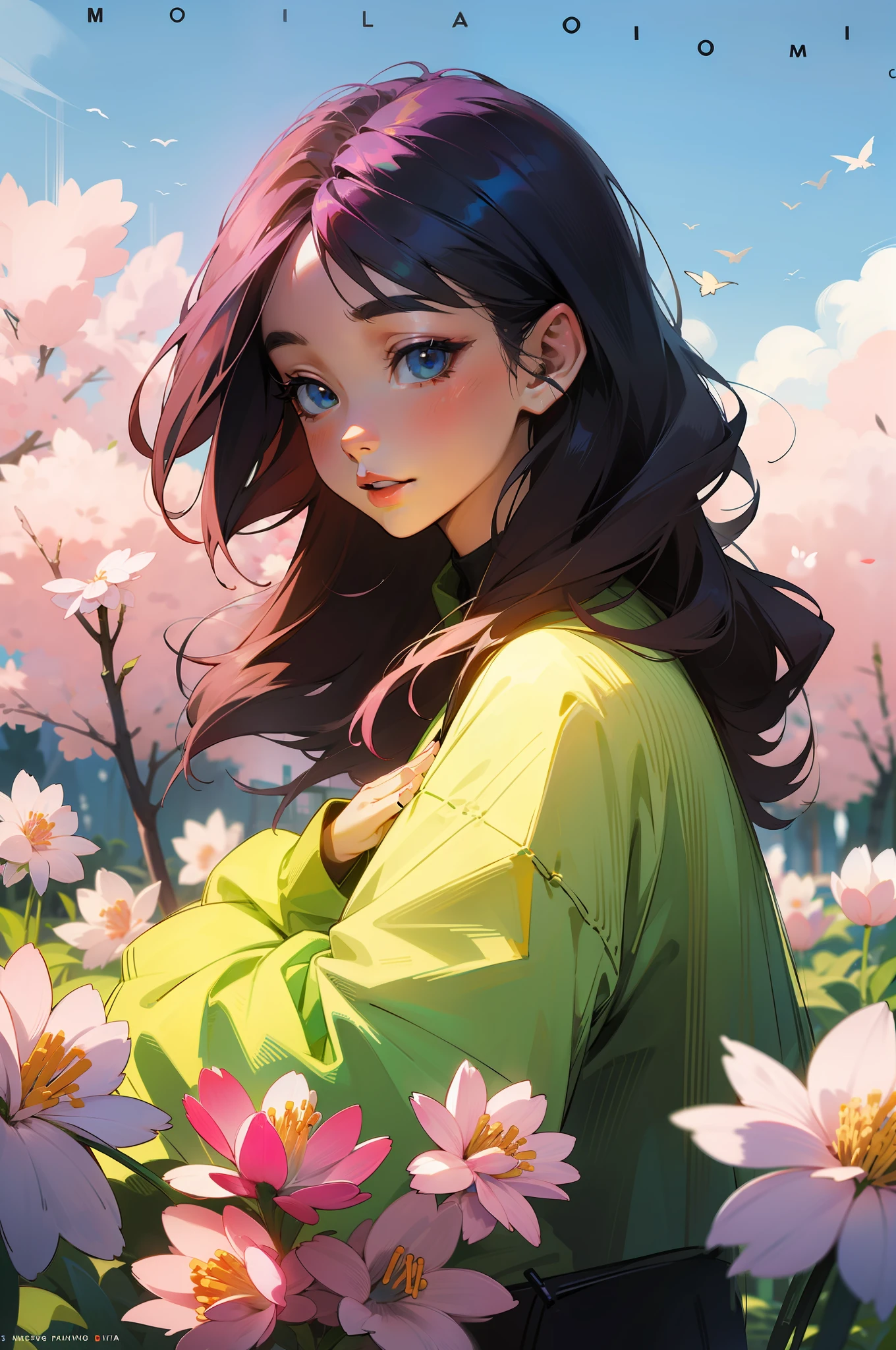 masterpiece, best quality, spring outfit, colorful hair, outdoor, magazine cover ,upper body, --auto