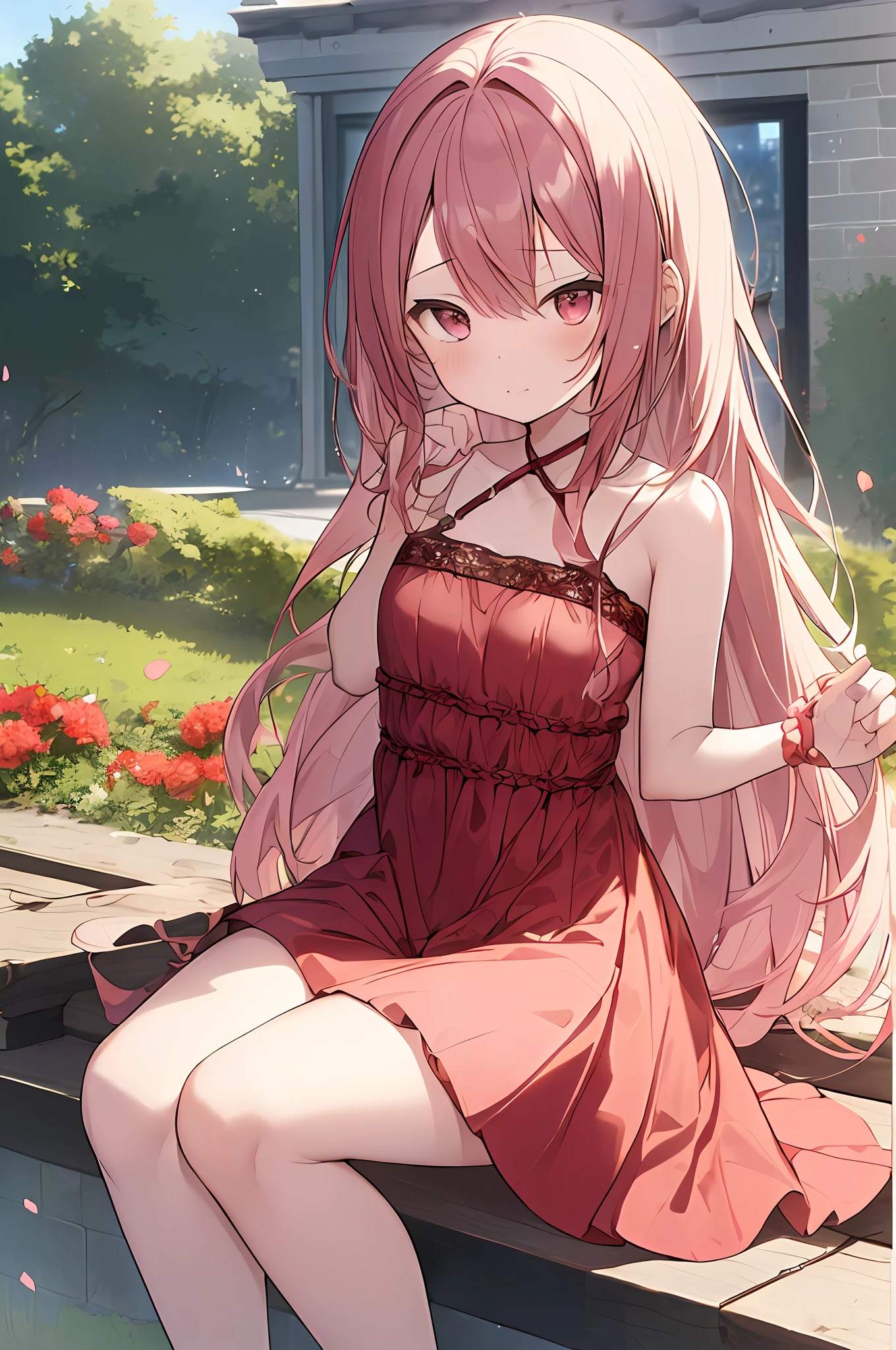(NSFW:0.9),(bit girl:1.4), Solo, full bodyesbian, Sitting, Dynamic Angle, Pink hair, smallunderboob, Ruffled dresses, , Brown hair, Long hair, Night, starrysky, is shy,Be red in the face,A young girl in a lace dress holds a bouquet of flowers,With a happy look on his face,on the garden,The composition should exude cuteness and innocence,The background should be visually appealing,