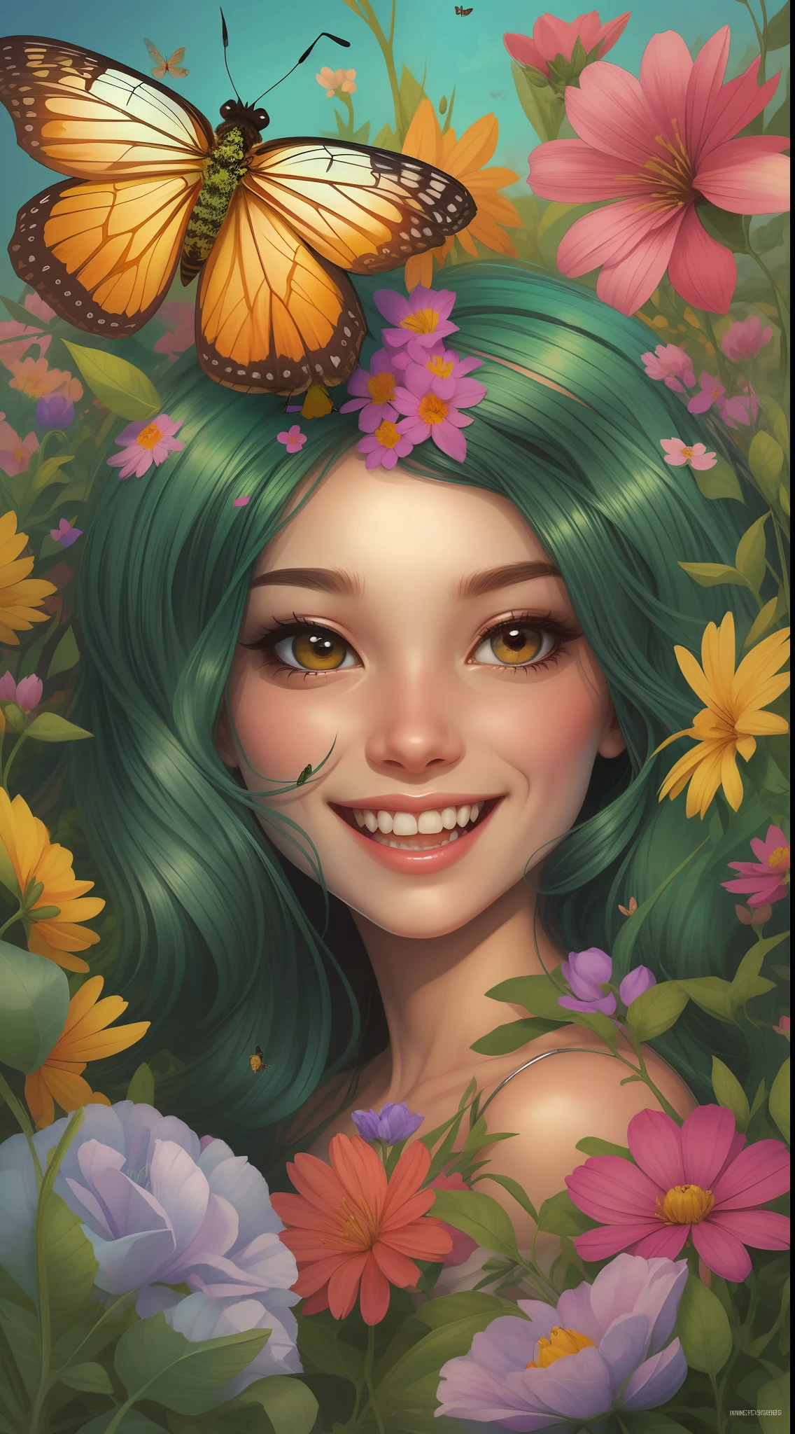 "1 cute girl with a playful expression, surrounded by vibrant flowers and friendly insects, illustrated in the style of Mark Brooks."