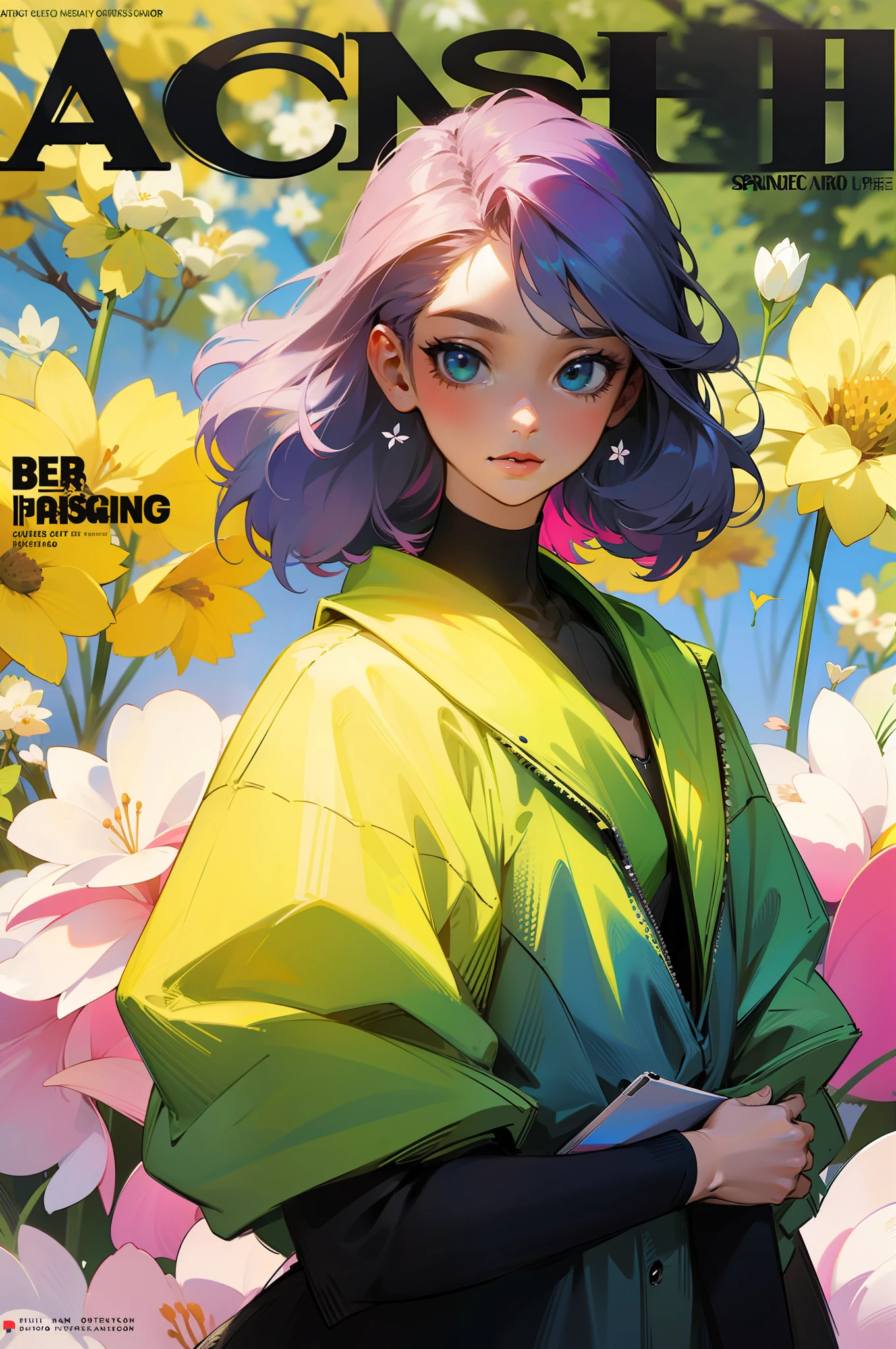 masterpiece, best quality, spring outfit, colorful hair, outdoor, magazine cover ,upper body, --auto