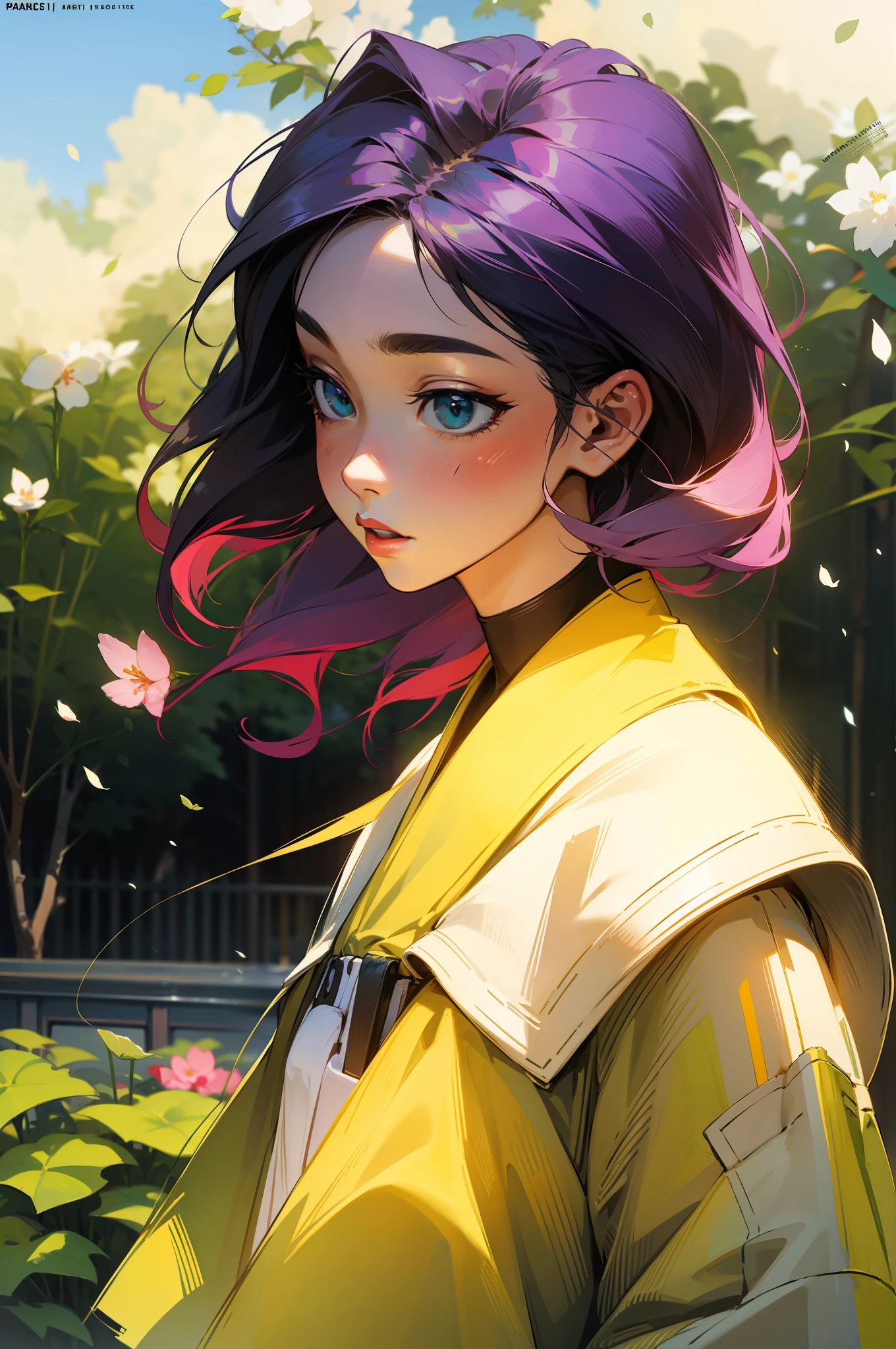 masterpiece, best quality, spring outfit, colorful hair, outdoor, magazine cover ,upper body, --auto