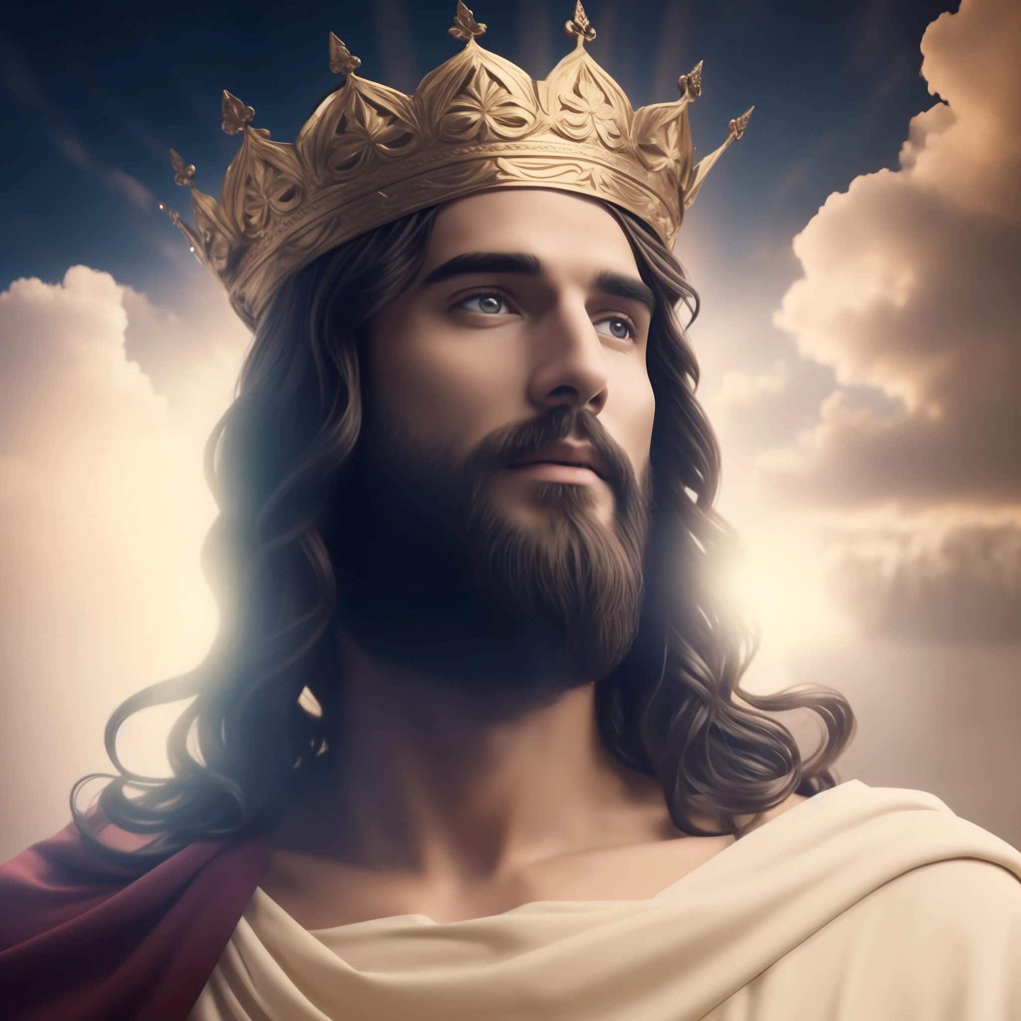 Seth Rollins como Jesus Cristo, sorrindo e feliz, wearing tunic, focar nos detalhes do rosto, cabelo escuro preto, semelhante ao seth rollins, wearing the long beige tunic of Jesus, Biblical style of Jesus, imagem realista, fundo da imagem preto escuro , melhor qualidade, 8k, focar nos detalhes.