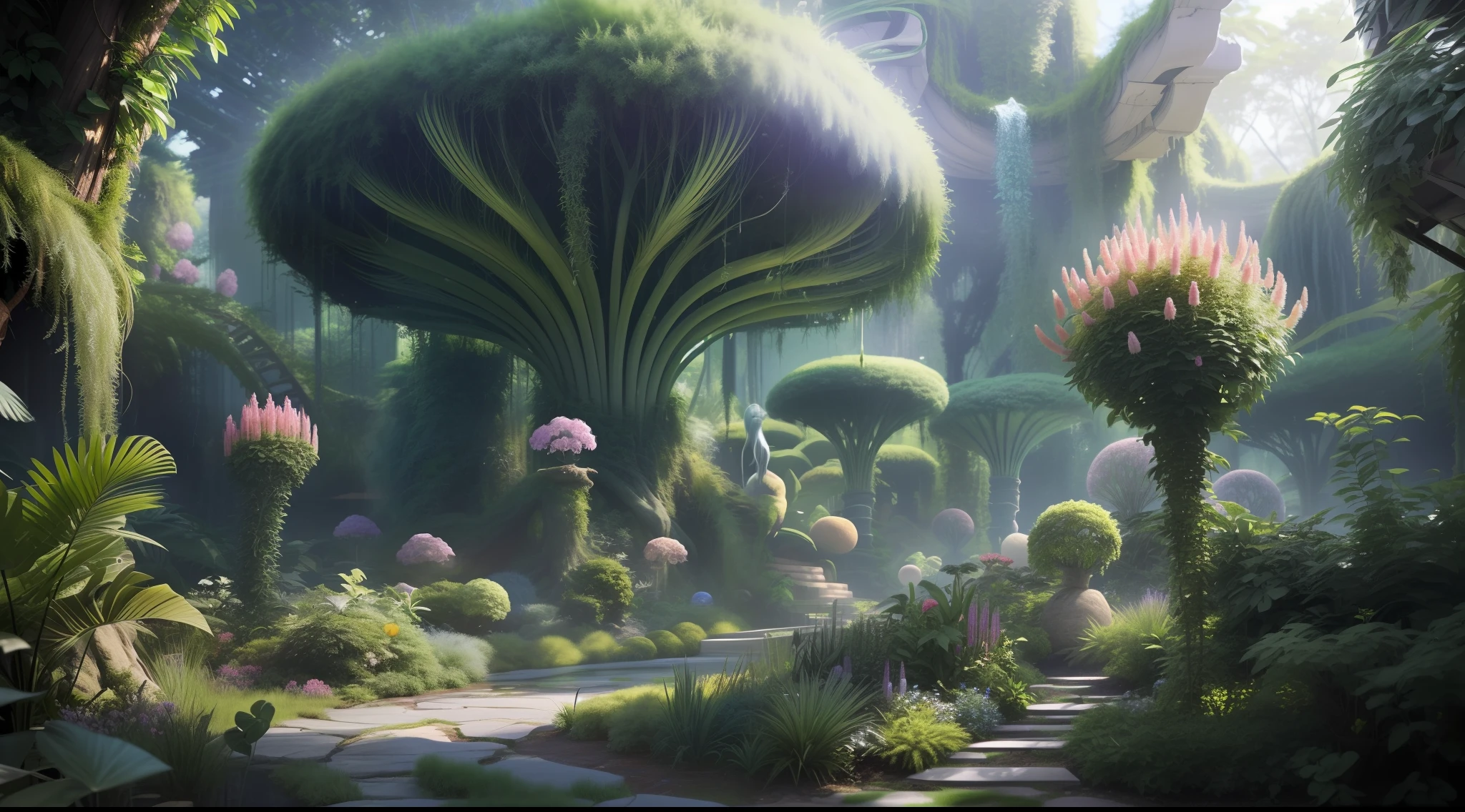 Produces fascinating images of a distant alien planet overgrown with lush vegetation。Plants from another world unique to this extraterrestrial world are overgrown、Imagine a surreal and enchanting landscape。Towering self-luminous tree々from a、Exotic flowers full of life々until、Interesting flora groups create a lush landscape。Gentle green color、Gentle earthy shades、Eta、Use a soft color palette that harmonizes the subtle colors of the alien planet.、Express tranquility and enchantment。Take viewers to this botanical paradise、Takes you to a place where the beauty of plants flourishing in an unknown space realm unfolds, Very realistic, Photography, One-person viewpoint, Super Detail, high detailing, High quality, in 8K