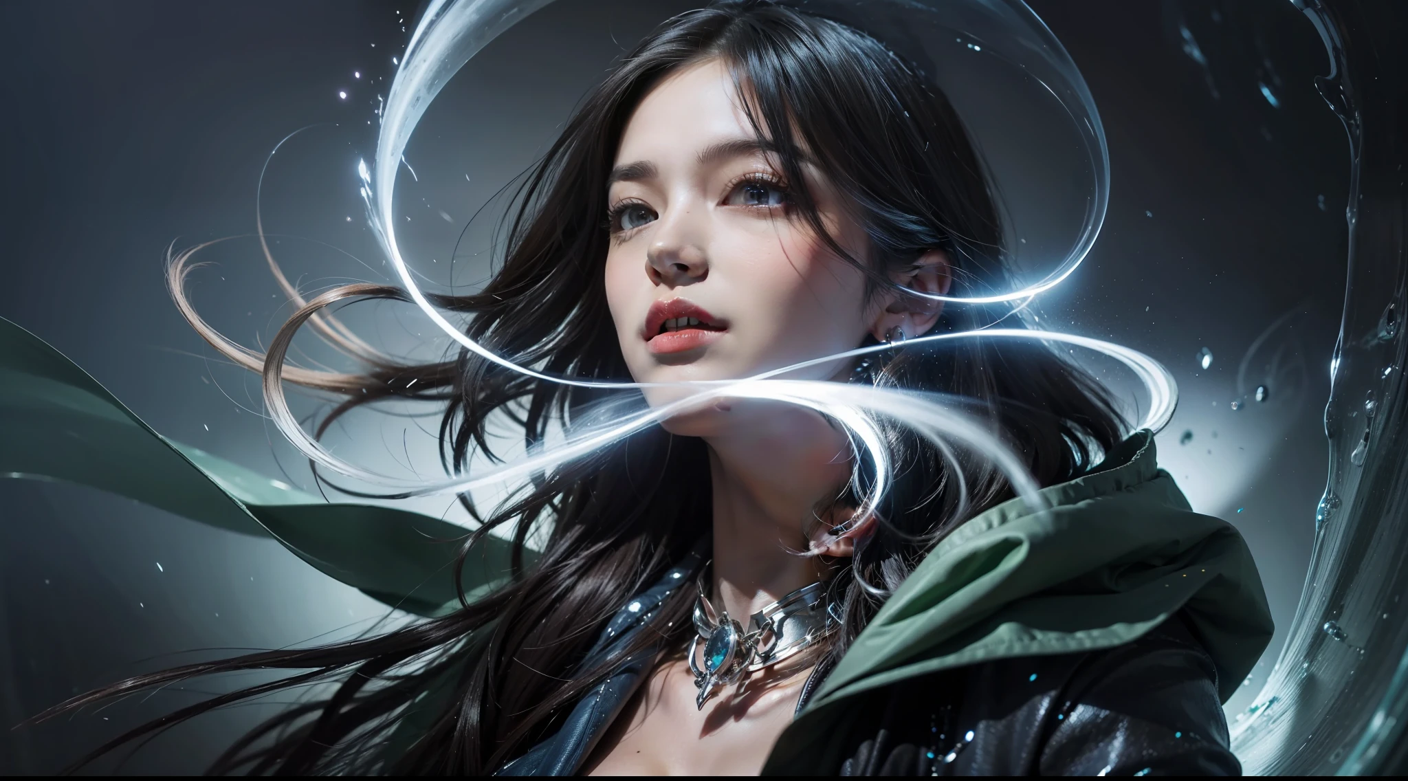 songstress、One beautiful 20s adult woman with microphone、Chic dresses、cabelos preto e longos、Blood,Night, Dark, (Fantasy),infinite,deep blue sky,The abyss of knowledge、Super delicate CG Unity 32k wallpaper、masterpiece, ((ultra-detailliert)), ((illustratio)),colourfull,wall-paper,The energy,Unknown terror,Incomprehensible,Around the magic,Magical surroundings,Boken,Flying pages、Infinite wisdom、blue flames