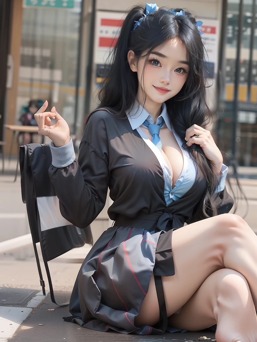 (pureerosface_v1:0.66),best quality, ultra high res, (photorealistic:1.4), 1girl,nice detailed eyes, heavy eye makeup, slim waist, blush, Kpop idol,(aegyo sal:1.0), detailed eye makeup, puffy eyes, solo, perfect anatomy, (busty), (cleavage),(slender),(black hair:1), (looking at viewer),sitting, crossed legs, chair,(original_alice),(light blue tie),(marine blue eyes),(zhuo),(alice_halo:0.7),(blue halo),(smile),(happy),(pigtails),(long hair), (long bangs),(Blue Archive),(Black hair bands),(long coat),(school uniform),(white long-sleeved shirt),(pleated skirt),(navy blue skirt),(barefoot),nsfw,depth of field,detail face, shiny skin, nice detailed eyes, heavy eye makeup, slim waist, blush, detailed eye makeup, solo, perfect anatomy,