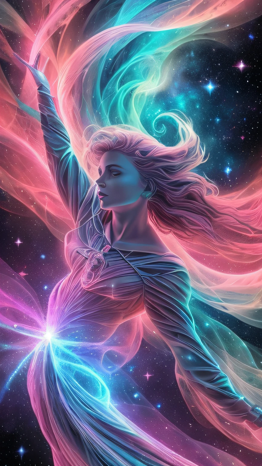 inconceivable and spectacular a scene of emergence of a figure from the glowing cloud, fractal nebula threads, cosmic entities, celestial, cosmic, vibrant and vivid, swirls, twirling, unrealistic, high contrast, symobolism, magical, mystical, mystifying, hyperrealistic, oversaturate, colorfully