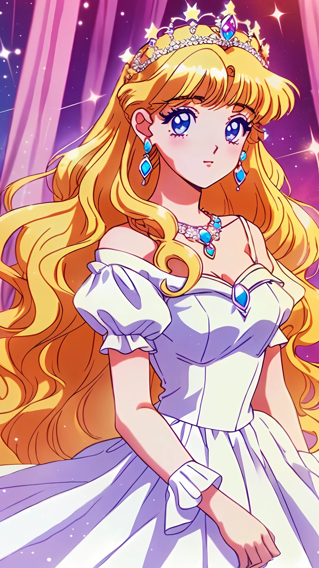 1 Princess，Thick blonde curls，(Gorgeous white dress、tiara crown、jewelry)，pretty eyes，Blush，pastelcolor，Retro anime，1990s anime，tmasterpiece，Best quality