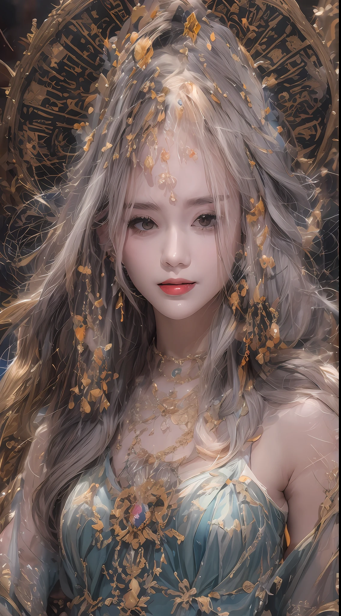 Portrait of a 27-year-old saint,Charming adult saint in a long dress made of thin silk, beautiful saint with an old face, adult, wearing a thin multicolored silk dress, beautiful face without blemishes, (((Natural smile:1.3))), ((7-color hair length:1.2)), big crown, hair brooch, hanfu dress, chinese ancient style, full body jewelry, forehead tattoo, super even chest, face, innocent face, The most beautiful and detailed light red lipstick, ((Thin plump lips:0.3)), ((Golden Eyes color:0.6)), Detailed and delicate lighting effects, light and dark, dramatic lighting, magical light, extremely detailed light, true color, super sharp, realistic, 8k quality, fantasy universe background, saints and magical space, the most detailed images, ((Solo:0.3)), ((a saintess:0.6)), ((looking directly at the saint's upper body:0.4)), ((smooth skin:0.5)), ((the holy woman's veil:0.6)), ((solo:0.5)), alone girl:0.4