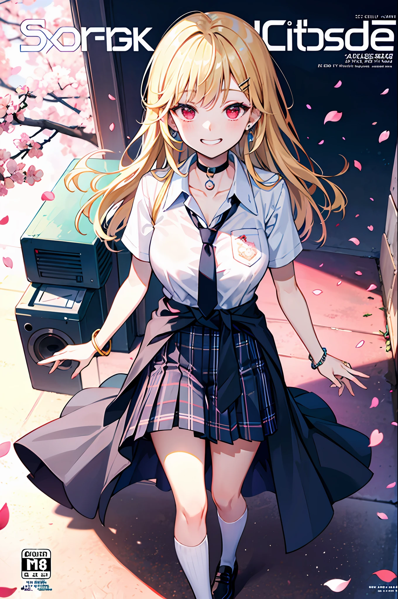 masterpiece, best quality,  full body,
1girl, bangs, black choker, black necktie, blonde hair, blue skirt, blush, bracelet, breasts, choker, clothes around waist, collarbone, collared shirt, cowboy shot, dress shirt, ear piercing, eyebrows visible through hair, gradient hair, grin, gyaru, jewelry, kogal, long hair, looking at viewer, loose necktie, necktie, piercing, plaid, plaid skirt, pleated skirt, red eyes, ring, school uniform, shirt, skirt, smile, solo, white shirt,
street, sky, cherry blossoms, petals,illustration, (magazine:1.3), (cover-style:1.3), fashionable, woman, vibrant, outfit, posing, front, colorful, dynamic, background,  elements, confident, expression, holding, statement, accessory, majestic, coiled, around, touch, scene, text, cover, bold, attention-grabbing, title, stylish, font, catchy, headline, larger, striking, modern, trendy, focus, fashion,