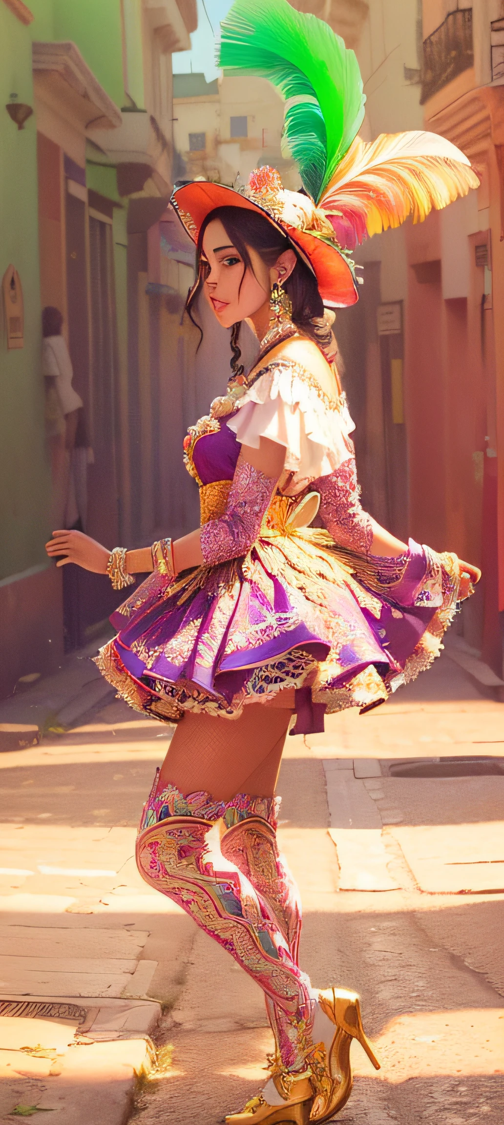Araffe vestido con un traje colorido caminando por una calle, Hermoso disfraz, hermosa imagen, En el desfile de Macys, bailarina, Disfraz elaborado, Beautiful, Carnaval, Traje tradicional, en disfraz, Llevar un atuendo adornado, Girando, Cholitas bolivianas, Disfraz de joya, bailarina, en un vestido elaborado y elegante, chica caramelo, Foto de perfil, De color
