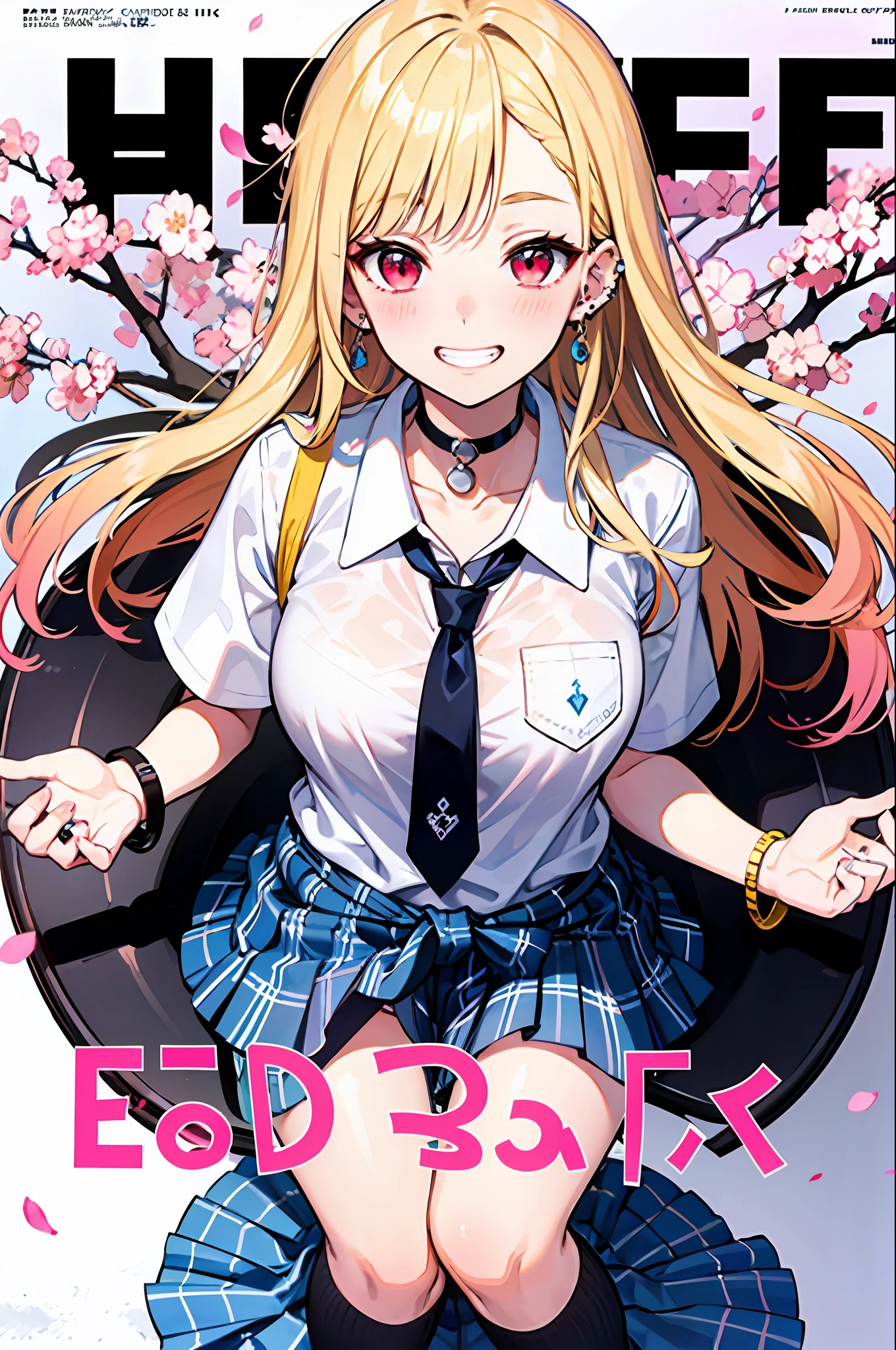 masterpiece, best quality, full body,
1girl, bangs, black choker, black necktie, blonde hair, blue skirt, blush, bracelet, breasts, choker, clothes around waist, collarbone, collared shirt, cowboy shot, dress shirt, ear piercing, eyebrows visible through hair, gradient hair, grin, gyaru, jewelry, kogal, long hair, looking at viewer, loose necktie, necktie, piercing, plaid, plaid skirt, pleated skirt, red eyes, ring, school uniform, shirt, skirt, smile, solo, white shirt,
street, sky, cherry blossoms, petals,illustration, (magazine:1.3), (cover-style:1.3), fashionable, woman, vibrant, outfit, posing, front, colorful, dynamic, background, elements, confident, expression, holding, statement, accessory, majestic, coiled, around, touch, scene, text, cover, bold, attention-grabbing, title, stylish, font, catchy, headline, larger, striking, modern, trendy, focus, fashion,