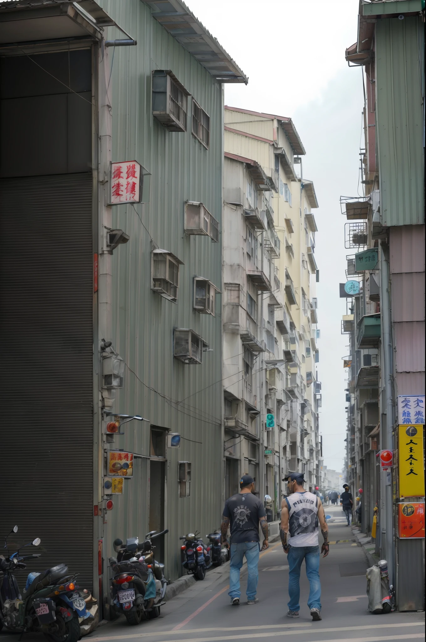 masterpiece, best quality, highres, 1man, on the street, gloomy, (metal steel building:1.1), focus on background, upper body, strong taiwanese man, (large arms tattoo:1.4), gangster, shirt, tank top, holding weapon, (pistol:1.3), A variety of signs on the road in Taiwan, many motorcycles parked on sidewalk, buildings made of corrugated metal, dirty trash,