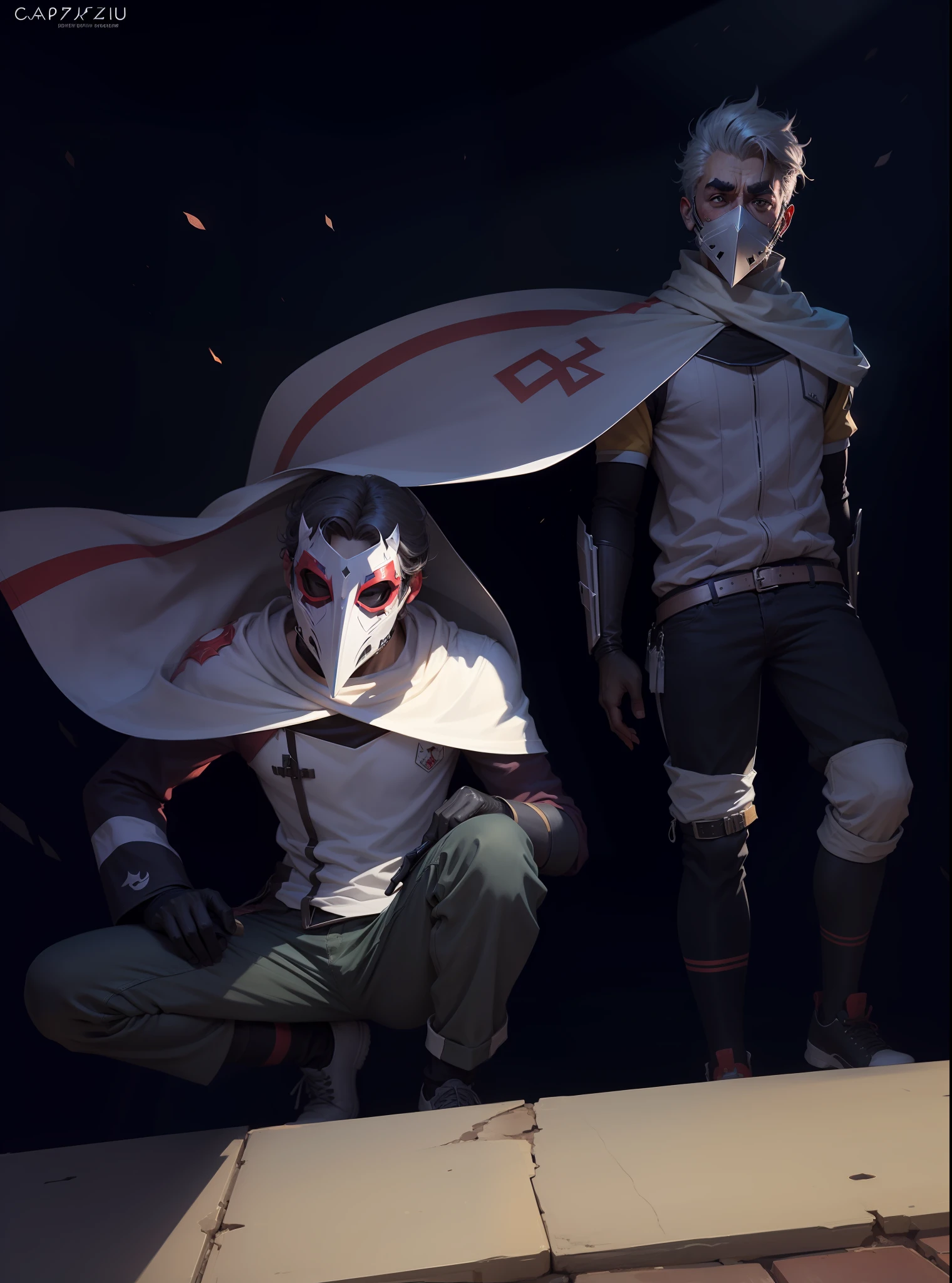 Artstation style illustration, capuz, white mask, espectro, manto