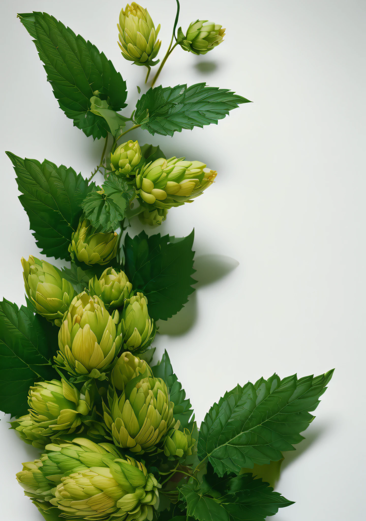 A bouquet of hops, a digital rendering by Susan Heidi, shutter inventory, art-deco, On a gray background, Hop cones, on grey background, leaves foliage and stems, hyper realistic background, depicted as a 3 d render, photorealistic illustration, large leaves and stems, hyperdetailed illustration, Super detailed leaves and hops in plant bottle，Ultra-detailed complex Gothic art trends on Artstation Ternary Color Unreal Engine 5 Detailed matte painting in Unreal Engine 5，deep colour，dream magical，complexdetails，splash image，complementary colours，fantasy concept art，8K分辨率，A masterpiece of Gothic deviation art，（Dark shots：0.9），The art of Greg Rutkowski and Artgerm，Soft cinematic light，Adobe Lightroom， photolab， hdr， 复杂， highly  detailed， poppies