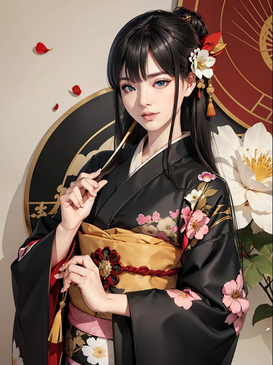 Mature girl、Long Black Hair、A slight smile、Black-haired、Colorful Japan kimono、Nishijin Ori、Delicate and smart eyes、intricate damask hanfu、Luxury accessories、FOV、F1.8、masterpiece、complex scenes、flower petals flying、Diagonal portrait shot、