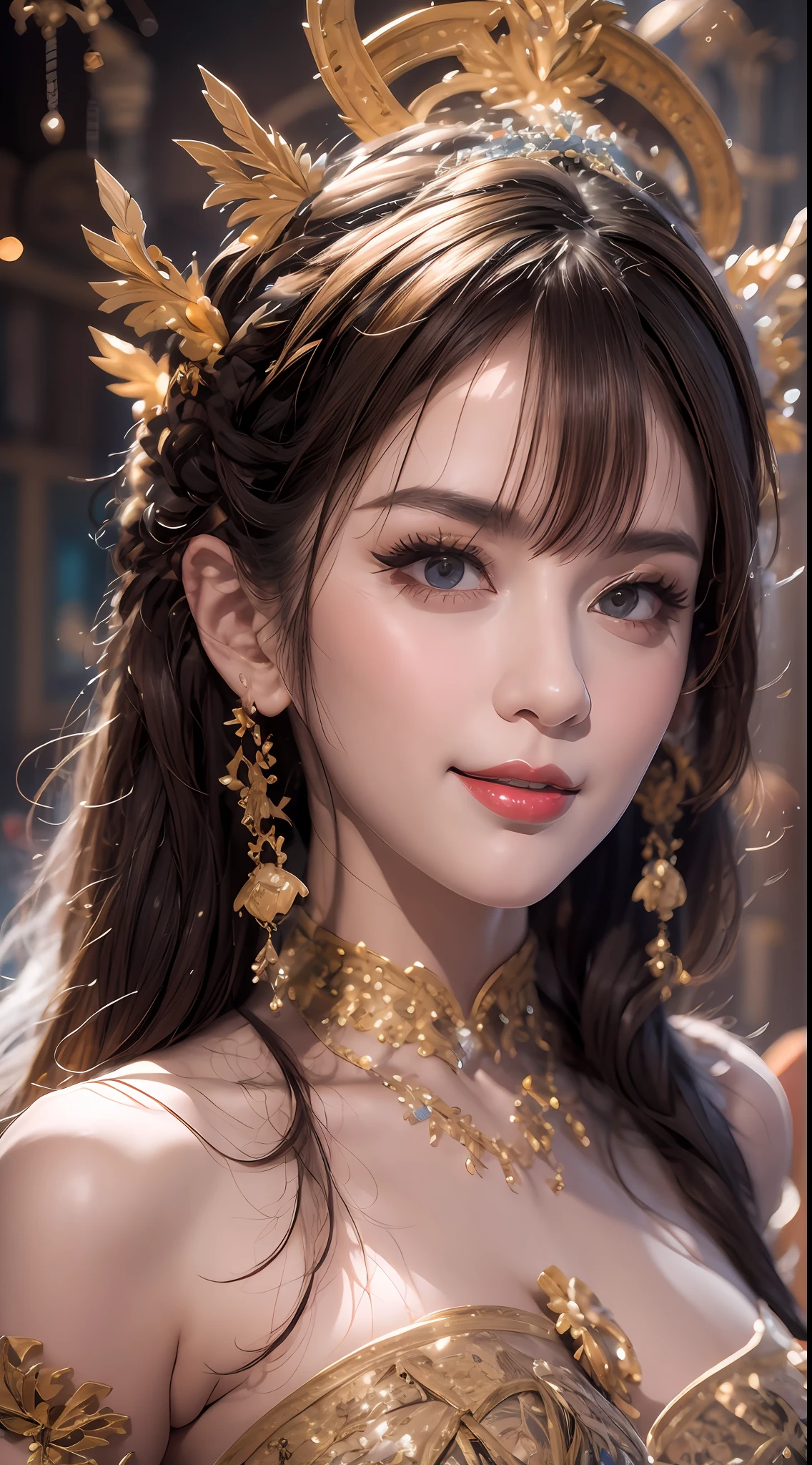 Portrait of a 27-year-old saint,Charming adult saint in a long dress made of thin silk, beautiful saint with an old face, adult, wearing a thin multicolored silk dress, beautiful face without blemishes, (((Natural smile:1.3))), ((7-color hair length:1.2)), big crown, hair brooch, hanfu dress, chinese ancient style, full body jewelry, forehead tattoo, super even chest, face, innocent face, The most beautiful and detailed light red lipstick, ((Thin plump lips:0.3)), ((Golden Eyes color:0.6)), Detailed and delicate lighting effects, light and dark, dramatic lighting, magical light, extremely detailed light, true color, super sharp, realistic, 8k quality, fantasy universe background, saints and magical space, the most detailed images, ((Solo:0.3)), ((a saintess:0.6)), ((looking directly at the saint's upper body:0.4)), ((smooth skin:0.5)), ((the holy woman's veil:0.6)), ((solo:0.5)), ((alone girl:0.4)),