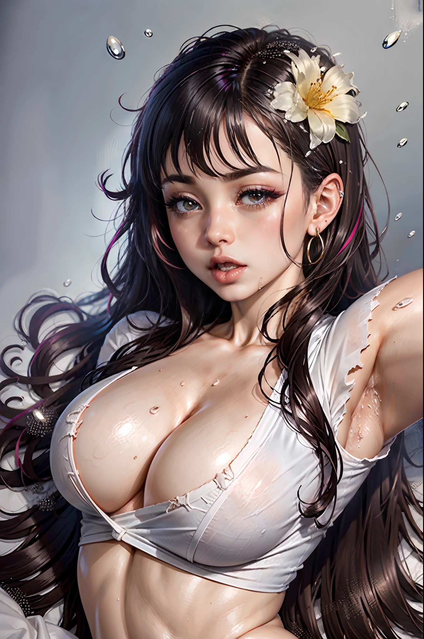 Moaning in pain, Feeling pain, tearing, sores, Crying, Bust Botox, sleeping beauty on back, wet skin and hair, firm breast cleavage, Black hair, (White shirt, Naked lower body, Torn, mid-chest torn shirt, No underwear, shirt covers Live ass),, The whole body is in the shot, on the lap, squatt, brunette color hair, long whitr hair, Thorough, large tall, Force real water, White less cloth transparent mini shirt, White transparent thong, beachside, RAWE is very detailed, ahegao, roll eyes, Be red in the face,, Sticky tongue, Vaginal rupture, Leucorrhoea, very Bigger breasts, Grasp your breasts with both hands,spread their legs, sexually arousing, sexual expressio, Glossy glossy skin。Tongue stock,Makeup,cheerfulness,Reflectors,ahegao,Pink eyes,Heart earrings,1,Solo,Female pervert,hair flower,Long hair,multicolored hair,Shiny hair,