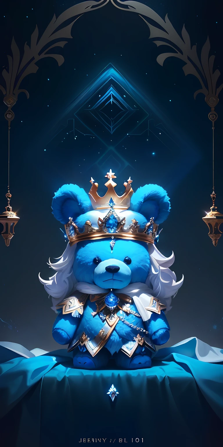 There is a blue teddy bear,There is a crown on it, Official artwork, miniature bear, ArtStation masterpiece, profile picture 1024px, majestic masterpiece, icy, divinity, Beeple and Jeremiah Ketner, high detailed official artwork, official fanart, Heavenly, CGsociety masterpiece, in majestic, bearbrick, official fanart behance hd