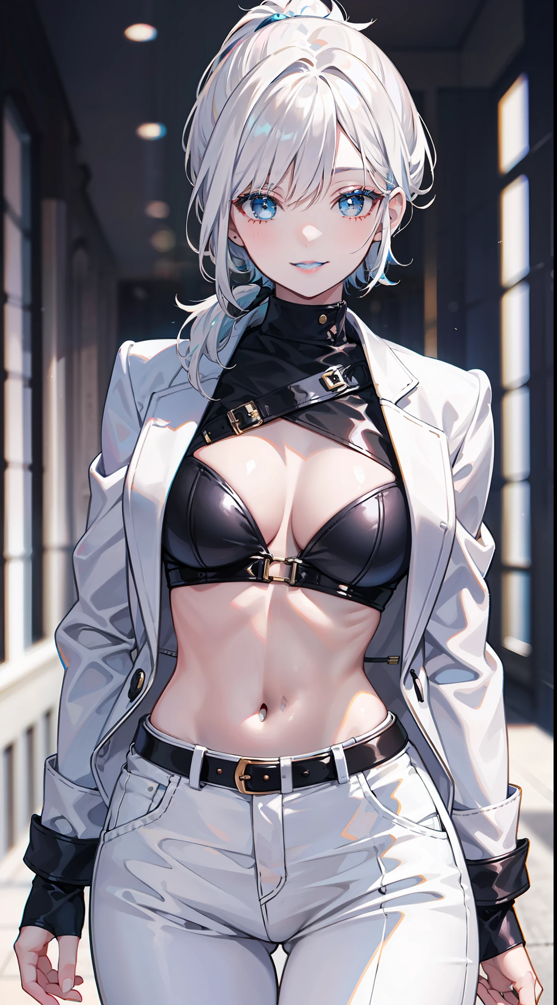 Adult woman, short white hair, high ponytail, blue eye color, White luxury jacket, pants, open breasts, blue lipstick, ssmile, Masterpiece, hiquality