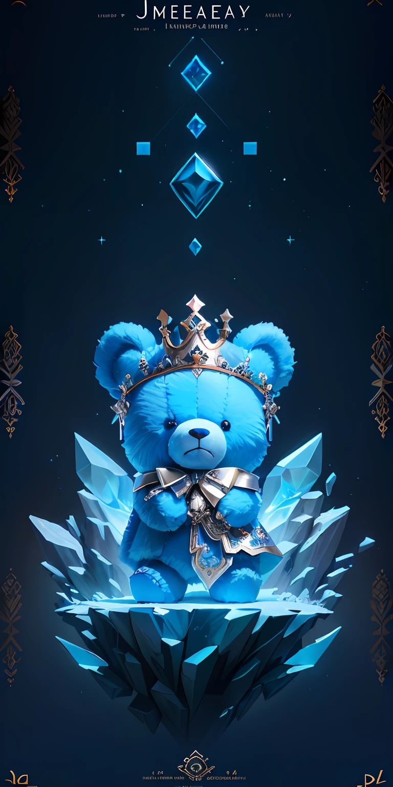 There is a blue teddy bear，There is a crown on it, Official artwork, miniature bear, ArtStation masterpiece, profile picture 1024px, majestic masterpiece, icy, divinity, Beeple and Jeremiah Ketner, high detailed official artwork, official fanart, Heavenly, CGsociety masterpiece, in majestic, bearbrick, official fanart behance hd