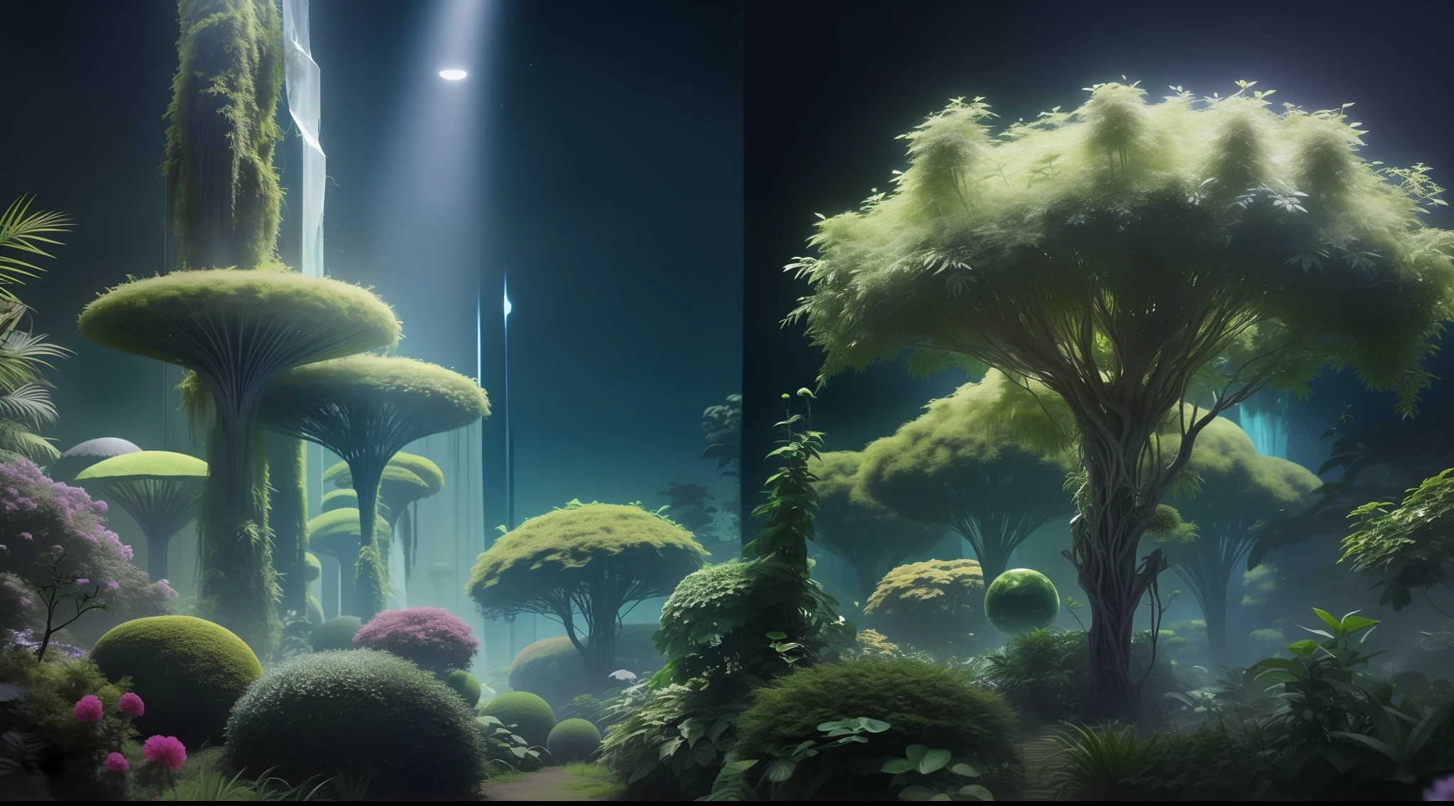 Produces fascinating images of a distant alien planet overgrown with lush vegetation。Plants from another world unique to this extraterrestrial world are overgrown、Imagine a surreal and enchanting landscape。Towering self-luminous tree々from a、Exotic flowers full of life々until、Interesting flora groups create a lush landscape。Gentle green color、Gentle earthy shades、Eta、Use a soft color palette that harmonizes the subtle colors of the alien planet.、Express tranquility and enchantment。Take viewers to this botanical paradise、Takes you to a place where the beauty of plants flourishing in an unknown space realm unfolds, Very realistic, Photography, One-person viewpoint, Super Detail, high detailing, High quality, in 8K