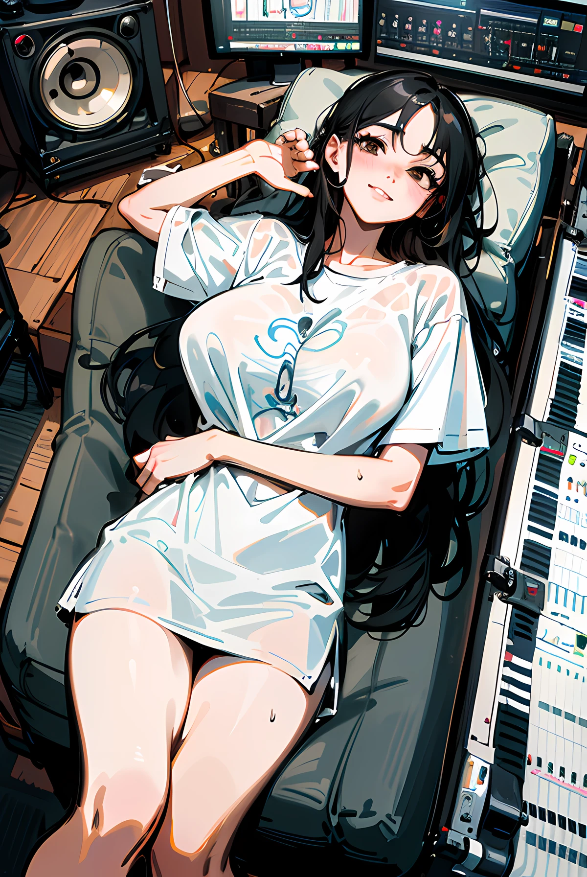 (thick outline, toon\(style\), sketch), ultra-detailed, solo, vivid, 1girl, eyelashes, long eyelashes, pixiv fanbox, masterpiece, best quality, highres, 1girl, (peaceful smile, sad smlie,shame,shy:0.8), seductive smile, long hair, ((straight_hair)), (((deep black_hair))), brown_eyes, ((((in music studio, speaker, a room full of electronic equipment)))), (see-through,black bra, bra_visible_through_clothes, parted_breasts), (bust_up, breasts_up, breasts, large_breasts), looking_at_viewer, parted_lips, ((((long and big t-shirt, oversized white t-shirt, oversized shirt, thigh-skimming)))), solo, from above, from_top, a detailed painting, Artgerm, (wet:0.3), (((on back, lying, on couch, on sofa))), (((wide_view, wide_shot))), ((portrait)),