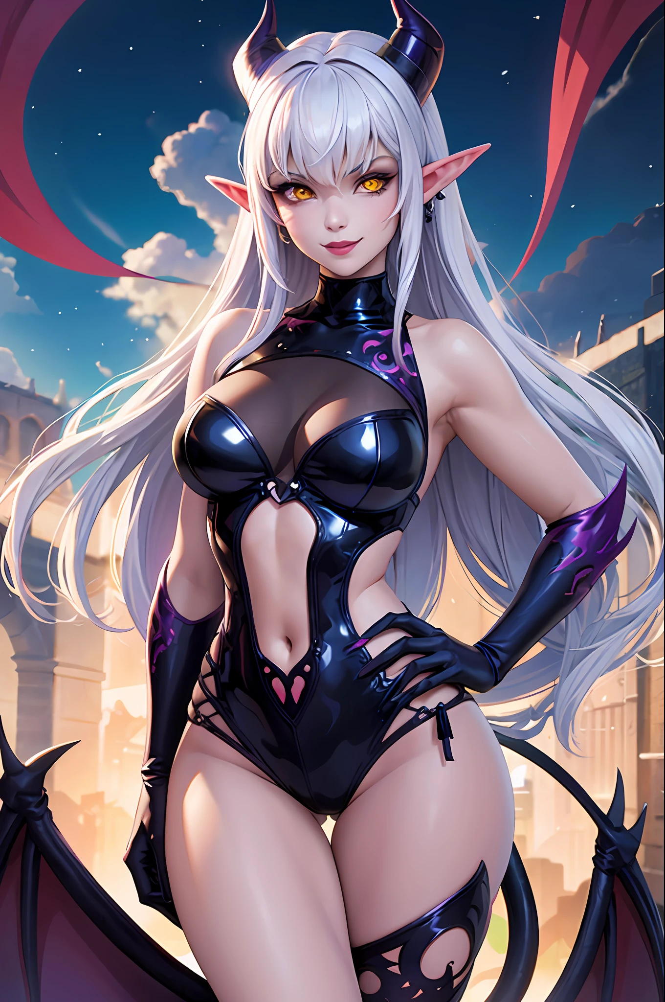 A female demon with elf ears and demon horns in hell, um rosto maduro com um sorriso perverso dentes de vampiro, e corpo volumoso com seios e busto enormes, Cabelos prateados com mechas roxas molhado ,(purple and yellow demonic eyes), ((Heterocromia)), roupa de noiva preto molhado, espada dupla, unhas grandes longas e pontiagudas. Fundo preto cheio de agulhas ensaguentadas, Moda realista, sysie high definition details, fotografia, acume, unique 850 4, Koda850 k portrait camera, Primavera F1.6, cores ricas, Textura super realista, textura de luz espetacular, arte surreal, Cinestil 800 mecanismo de moda,