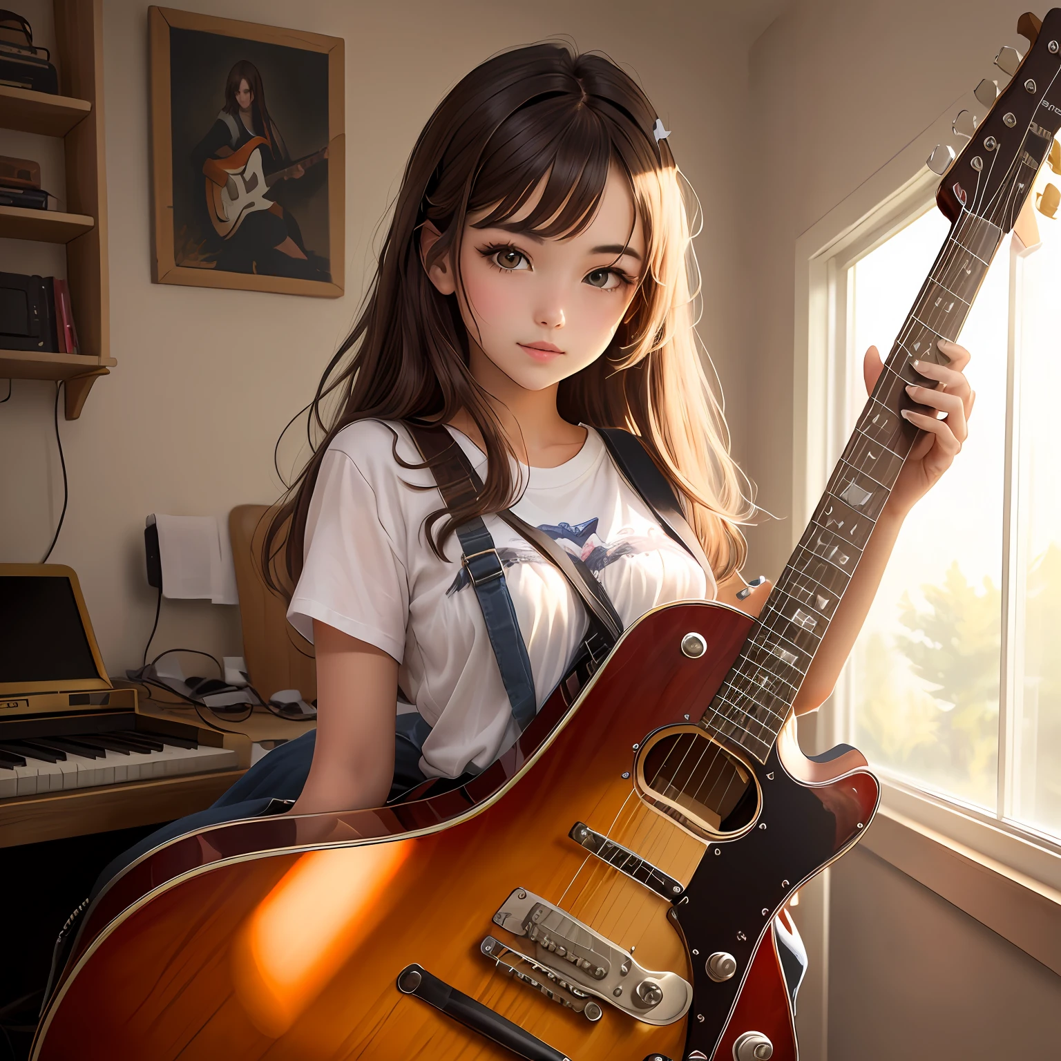 Straight brown haired girl with a guitar