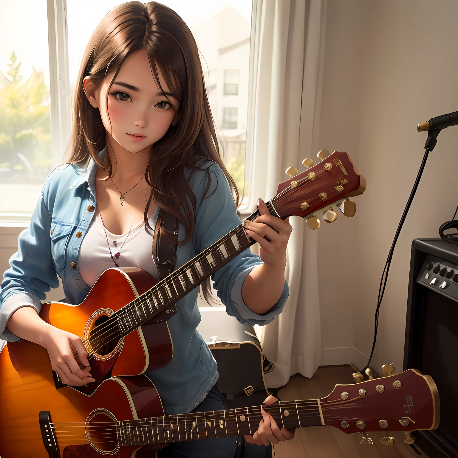 Straight brown haired girl with a guitar