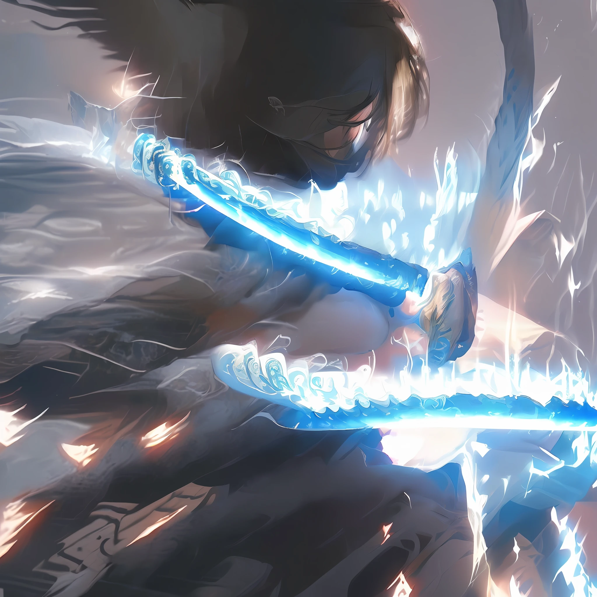 Anime girl with sword and wings futuristic setting, ross tran and bayard wu, by Yang J, Ross Tran 8 K, chengwei pan on artstation, ross tran and wlop, Artgerm and Atey Ghailan, wlop and ross thran, G Liulian art style, Rosla's Global Lighting Fantasy Art,动态照明,art stations,poster for,Volumetriclighting,Very detailed faces,4k wallpapers,Award-Awarded,A girl holding a sword,Black head rope,sliver long hair,long hair flowing,katana swords,With a big sword,Demon Samurai,white clothes,White tulle coat,Clothes fluttering,Slashing action,black sash,Red sword qi,dynamic viewing angle