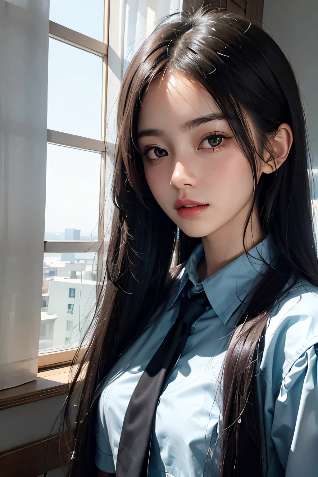 high detal,high high quality,starryskybackground,18 year old female bust,black long straight hair,Golden pupils,Red sunset afterglow,Light blue and white campus style school uniform,dark themes,soothing tones,pastel colour,Natural light,hight contrast,Natural skin texture,ultra-realistic realism,the soft light,Sharp,4k画质,ink and watercolor painting。