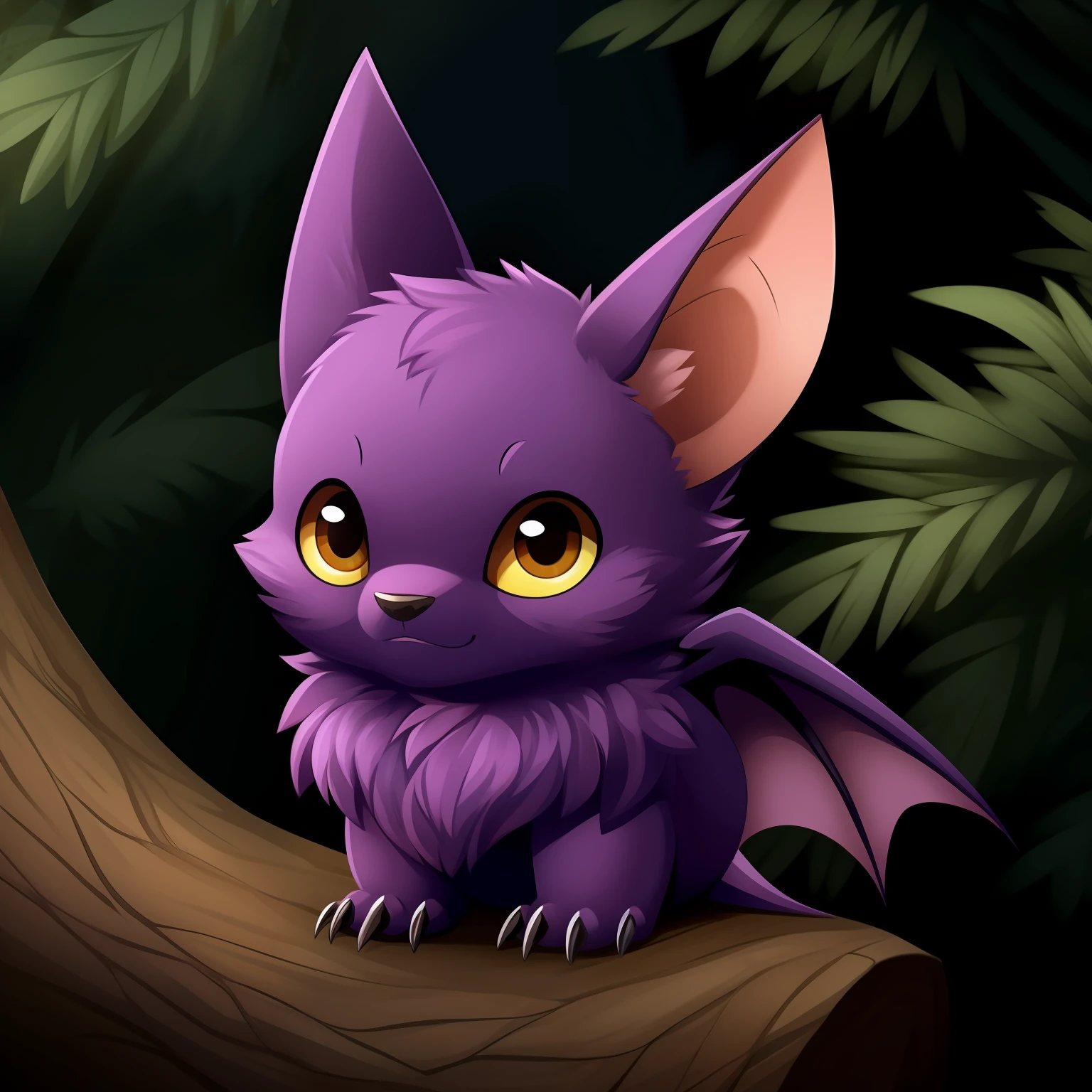 adorable anthropomorphic bat, with features similar to those of a real-life bat, pero con un toque de ternura y un aspecto amigable. It has a small and fluffy size, con un pelaje suave y oscuro que es de color morado oscuro. Sus orejas son puntiagudas y grandes, and his nose is small and black. Sus ojos, grandes y expresivos, son de un tono brillante de amarillo, que contrasta con su pelaje oscuro. Has small legs and hands, with sharp claws that it uses to cling to tree branches.