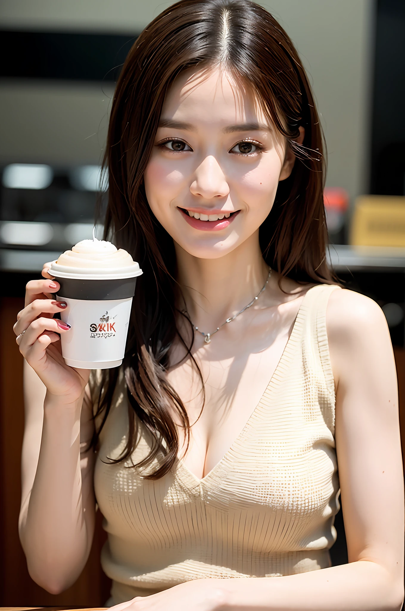 ((8K:1.27)、top-quality、​masterpiece、超A high resolution:1.2)Photo beautiful Chinese woman (pleasing:1.1) (Sleeveless white clothes:1.21) Design by Gregg Lutkowski and Alphonse Mucha Intricate Elegance、Fantasia、the detail、Geometry、Gradient lighting、1girl in、cafes、Delicate skin、looking at the spectator、Brown-eyed、(short flaxen hair:1.2)、(Medium chest:1.0)、(medium areola:0.8)、(Photorealsitic:1.4)、(top-quality:1.0)、(超A high resolution:1.0)、(without hands:1.0)、8K、Raw photography、 (Representative songs: 0.2), (pureerosface_v1:0.5)、Holding coffee in hand、Sleeveless、A smile、Take a seat、