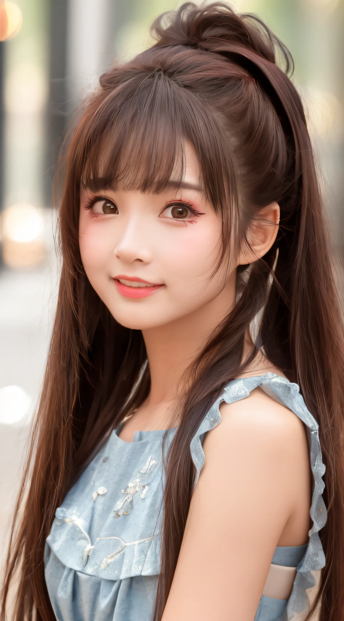 best qualtiy， tmasterpiece， 1girll， beauitful face， （黑The eye）， （brown  hair）， （photograph realistic：1.3）， edge lit， （highdetailskin：1.2）， 8K  UHD， digital SLR camera， high high quality， A high resolution， 4k， 8k， bokeh， absurderes， pony tails， Optimal proportions of four fingers and one thumb， （Realistis：1.2）， ulzzangs， Cute kawaii 1girl，