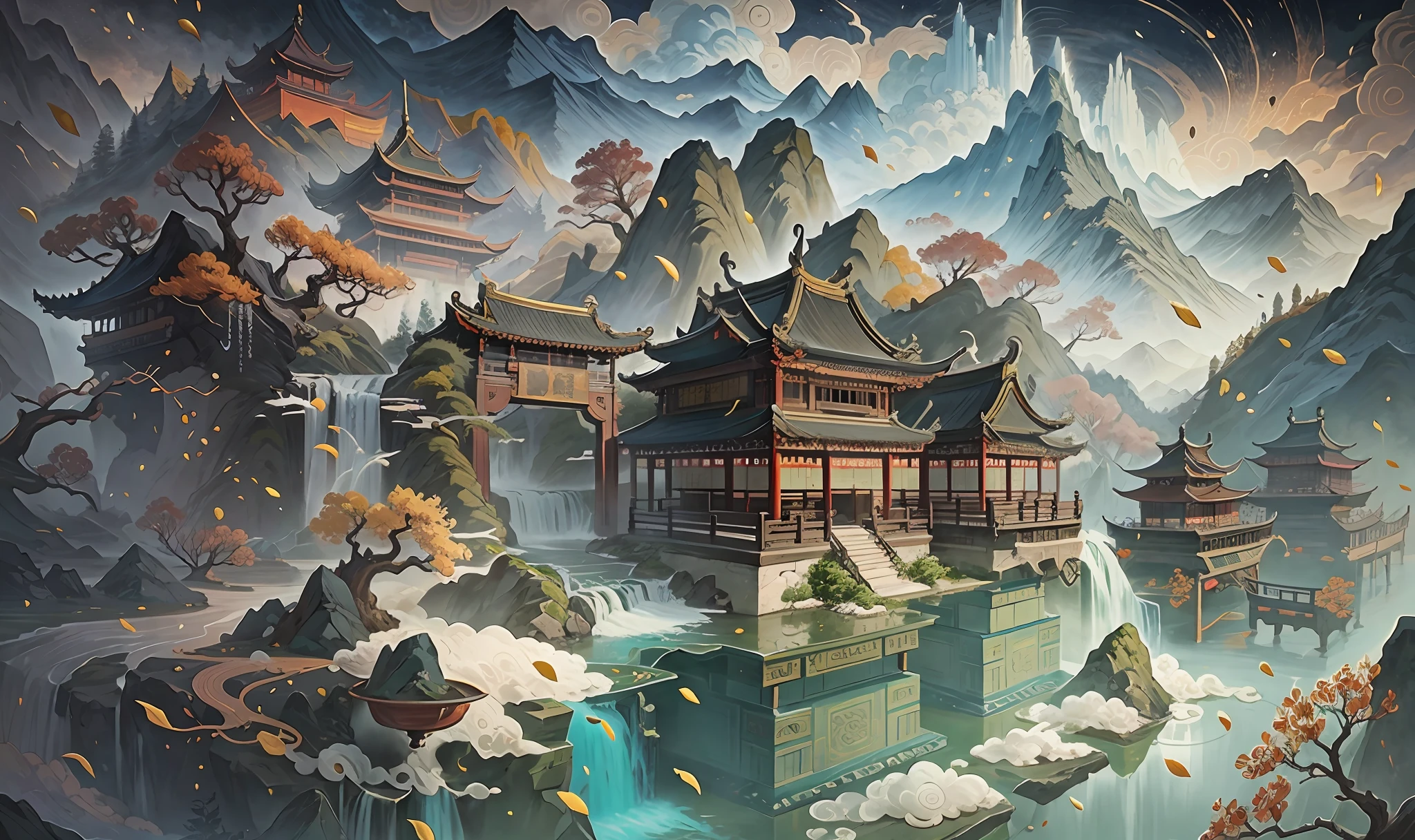 An ancient Chinese painting, ancient Chinese background, mountains, rivers, auspicious clouds, pavilions, sunshine, masterpieces, super detail, epic composition, ultra HD, high quality, extremely detailed, official art, unified 8k wallpaper, Super detail, 32k -- v 6