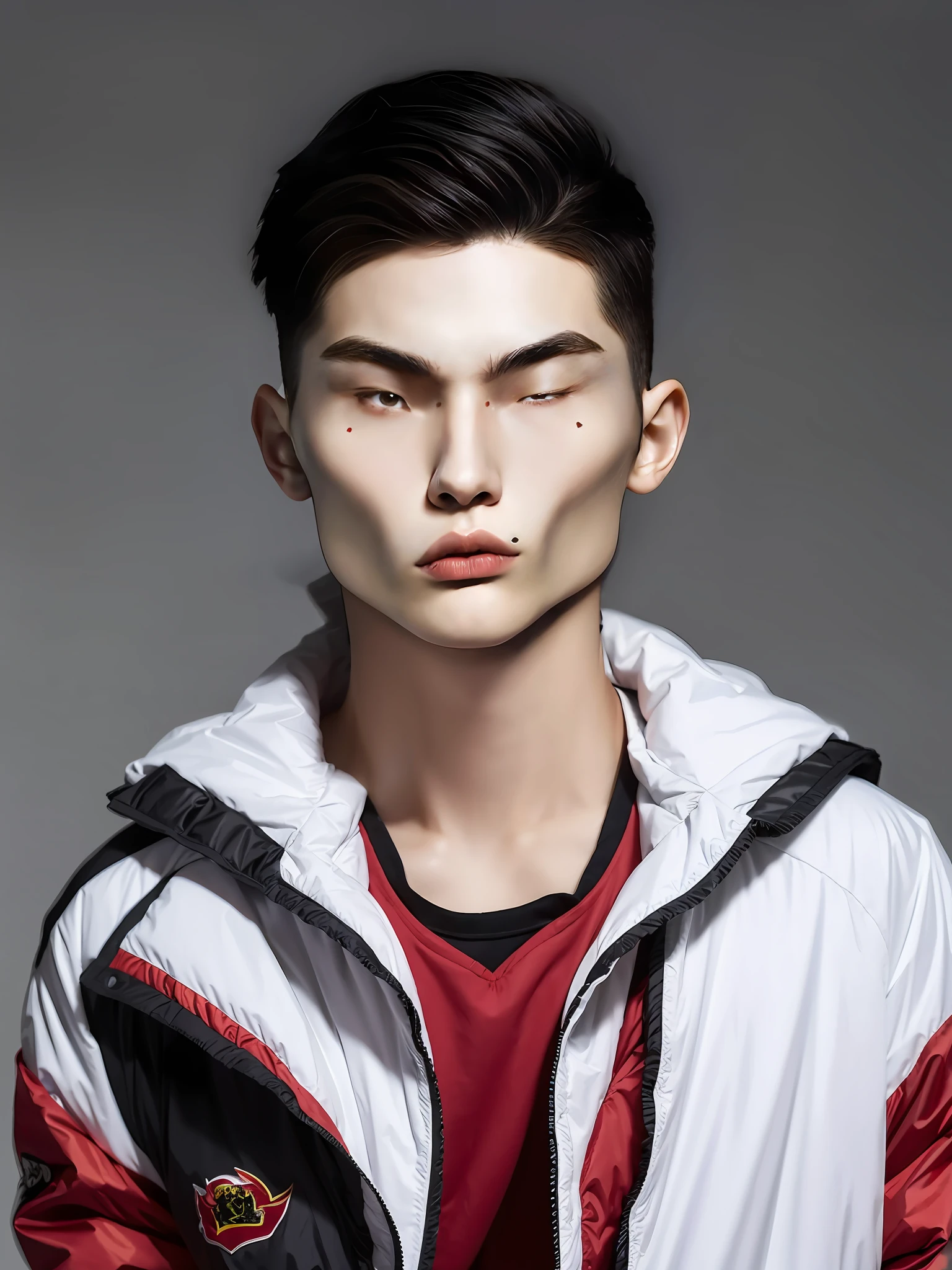 A Chinese male high school student,Wearing a colorful storm jacket