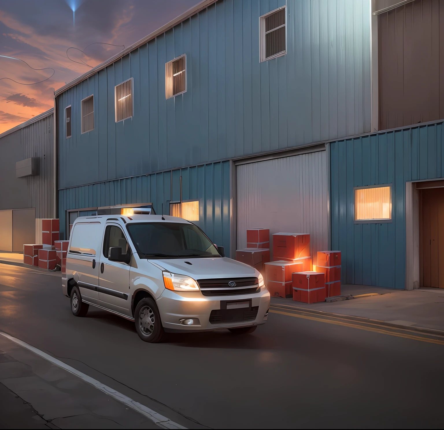 Arafed van parked in front of a warehouse with boxes, faros encendidos iluminando la carretera, puede verse polvo suspendido en el aire