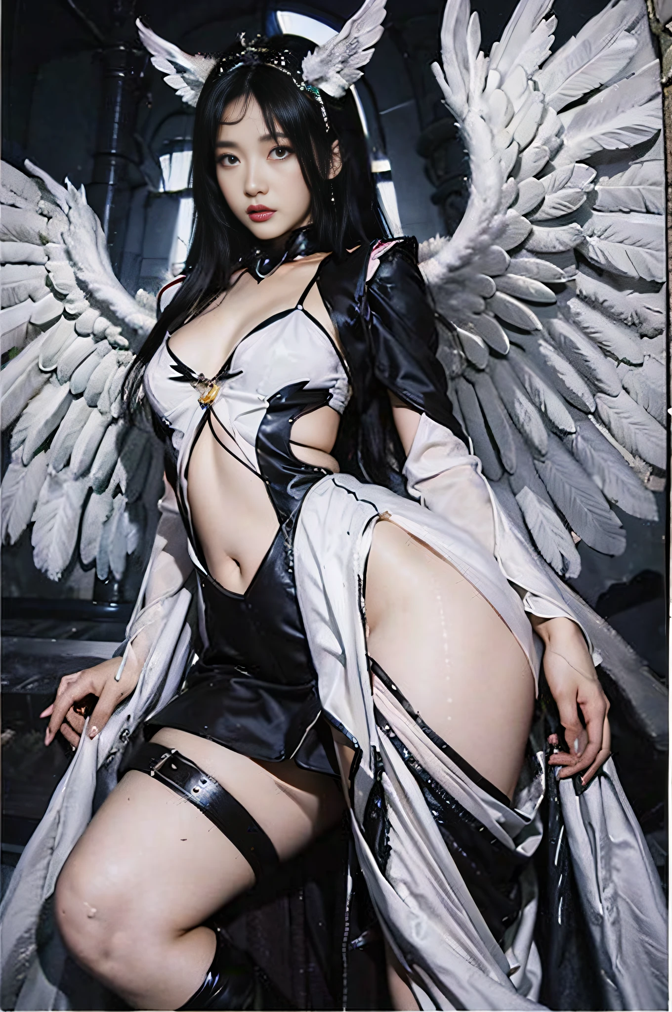 (best qualtiy、8K、32K、tmasterpiece、hyper HD、ultra - detailed、Wallpapers、realisticlying、realisticlying:1.2)、Arad woman in black and white costume with wings, full - body majestic angel, wearing angel, angel knight gothic girl, tall female angel, hip skirt wings, angel girl, with real wings, Girl with angel wings, angel with black wings, angel themed, young wan angel, beautiful cyborg angel girl, massive angel wings, Angelic, Wide angel
