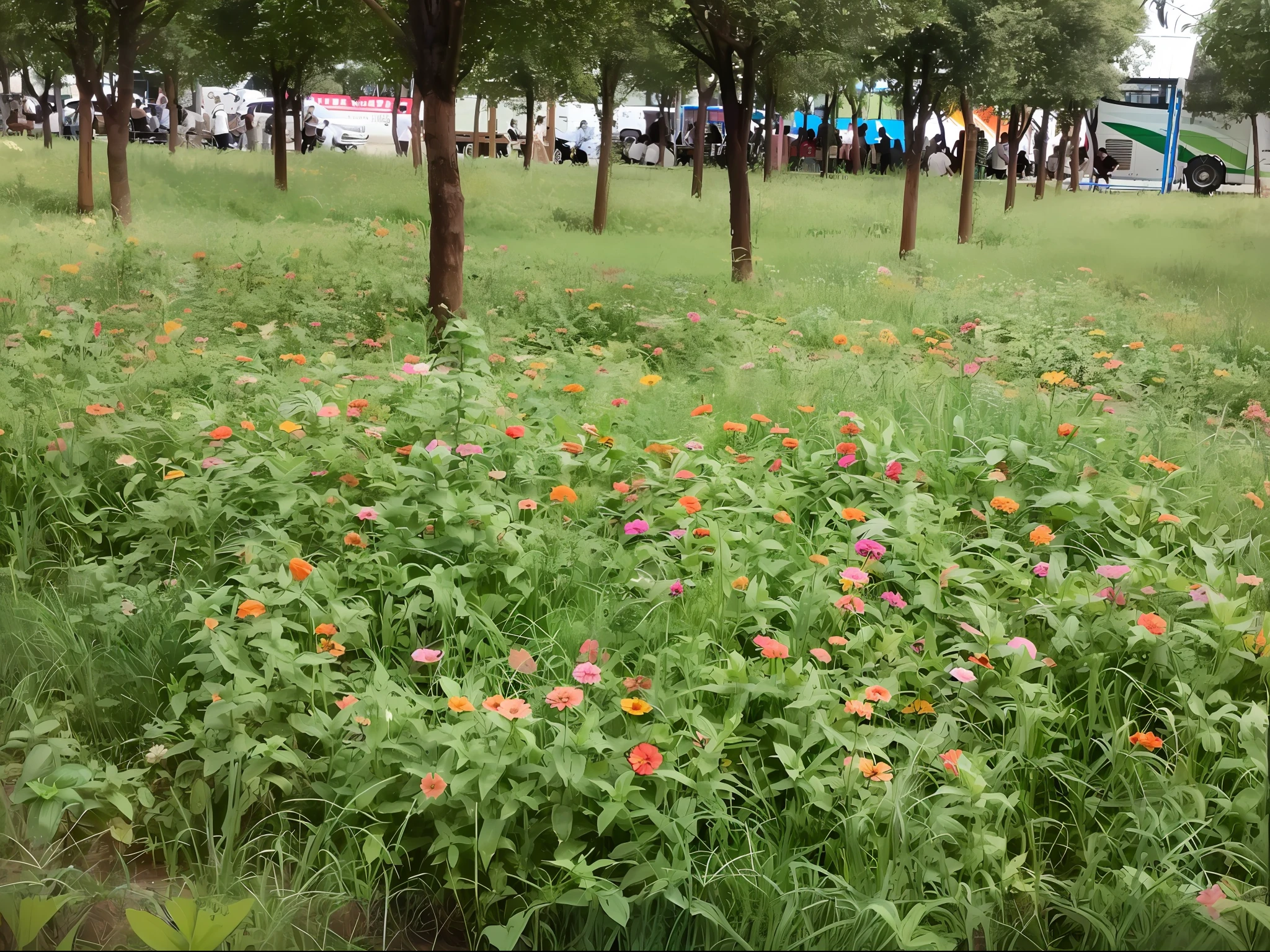 There are a lot of flowers in the grass in the park, Flowers everywhere, Flowers meadow, flower  field, field of mixed flowers, flowers rain everywhere, many mechflowers, Many flowers, Flowers and trees, flower  field, flowers garden, Lots of flowers, Lots of plants and flowers, an aesthetic field of flowers, beautiful flowers growing, bloom and flowers in background