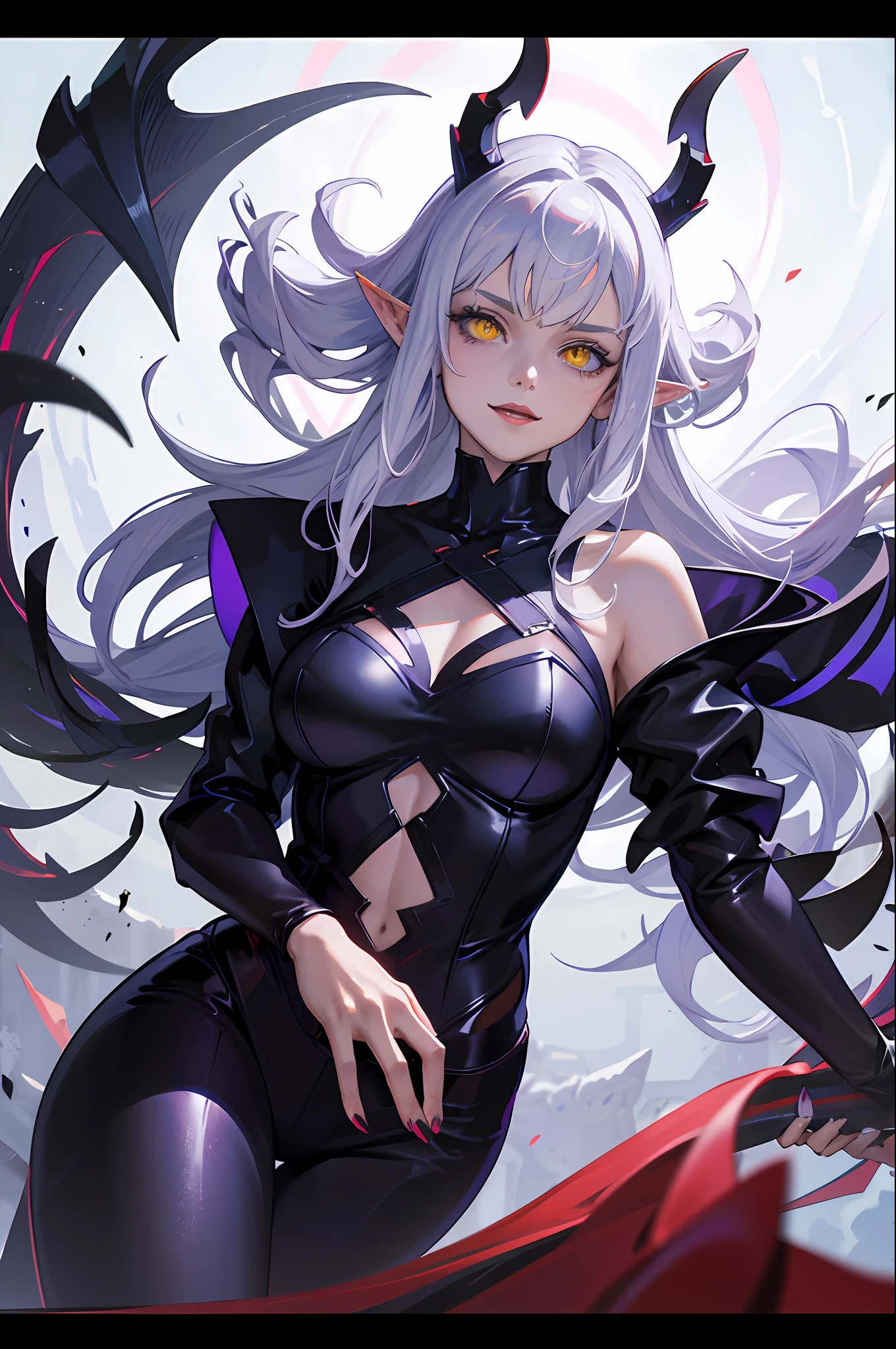 A female demon with elf ears and demon horns in hell, um rosto maduro com um sorriso perverso dentes de vampiro, e corpo volumoso com seios e busto enormes, Cabelos prateados com mechas roxas molhado ,(purple and yellow demonic eyes), ((Heterocromia)), roupa de noiva preto molhado, espada dupla, unhas grandes longas e pontiagudas. Fundo preto cheio de agulhas ensaguentadas, Moda realista, sysie high definition details, fotografia, acume, unique 850 4, Koda850 k portrait camera, Primavera F1.6, cores ricas, Textura super realista, textura de luz espetacular, arte surreal, Cinestil 800 mecanismo de moda,
