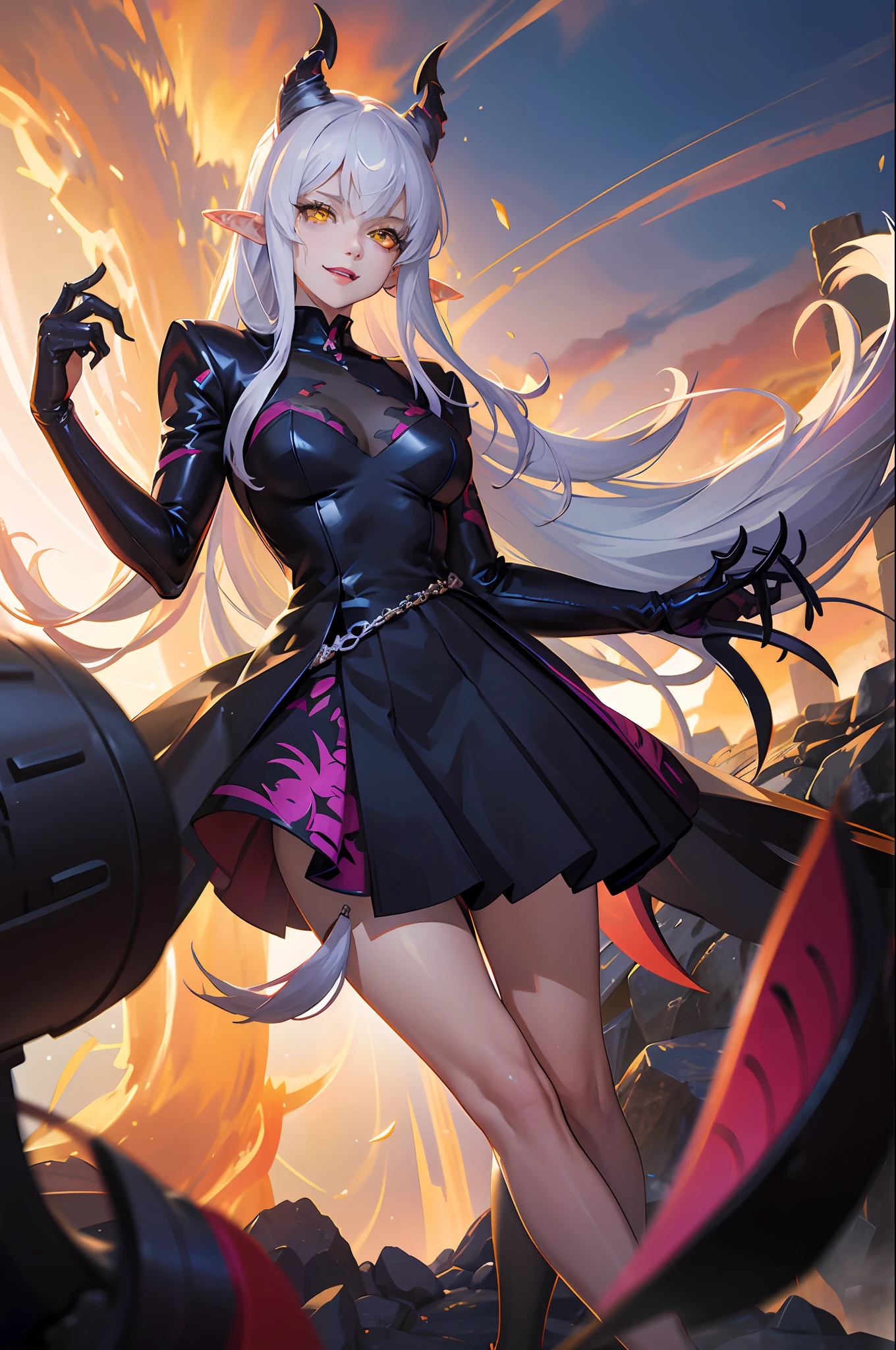 A female demon with elf ears and demon horns in hell, um rosto maduro com um sorriso perverso dentes de vampiro, e corpo volumoso com seios e busto enormes, Cabelos prateados com mechas roxas molhado ,(purple and yellow demonic eyes), ((Heterocromia)), roupa de noiva preto molhado, espada dupla, unhas grandes longas e pontiagudas. Fundo preto cheio de agulhas ensaguentadas, Moda realista, sysie high definition details, fotografia, acume, unique 850 4, Koda850 k portrait camera, Primavera F1.6, cores ricas, Textura super realista, textura de luz espetacular, arte surreal, Cinestil 800 mecanismo de moda,