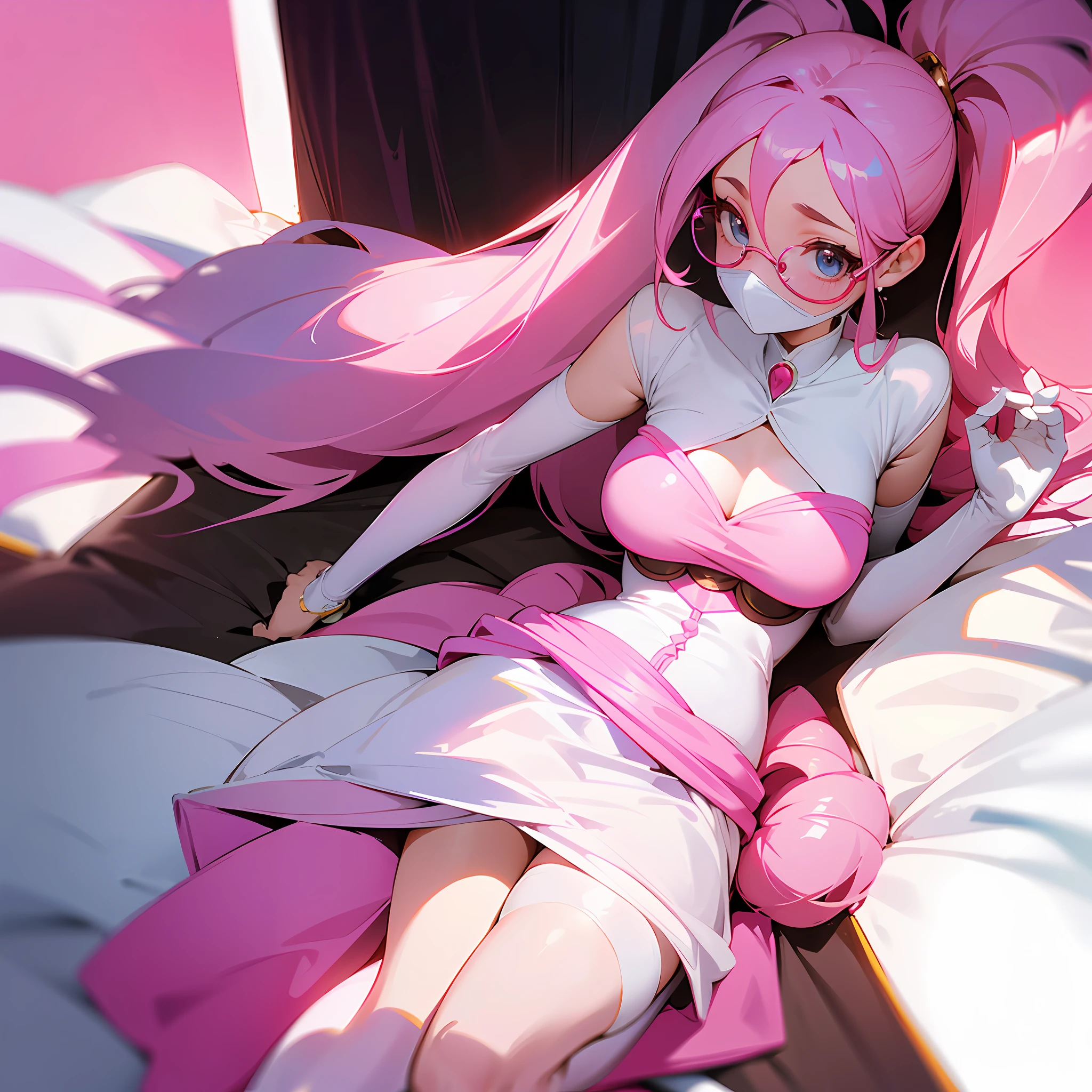 chiquita,A pink-haired,Gentle eyes,high ponytails,round frame glasses,Rich textures,highlight and shadow,Long hair draped loosely ,The limbs were shackled ,On white sheets,White stockings,pinkdress,Wear a pink mask --auto